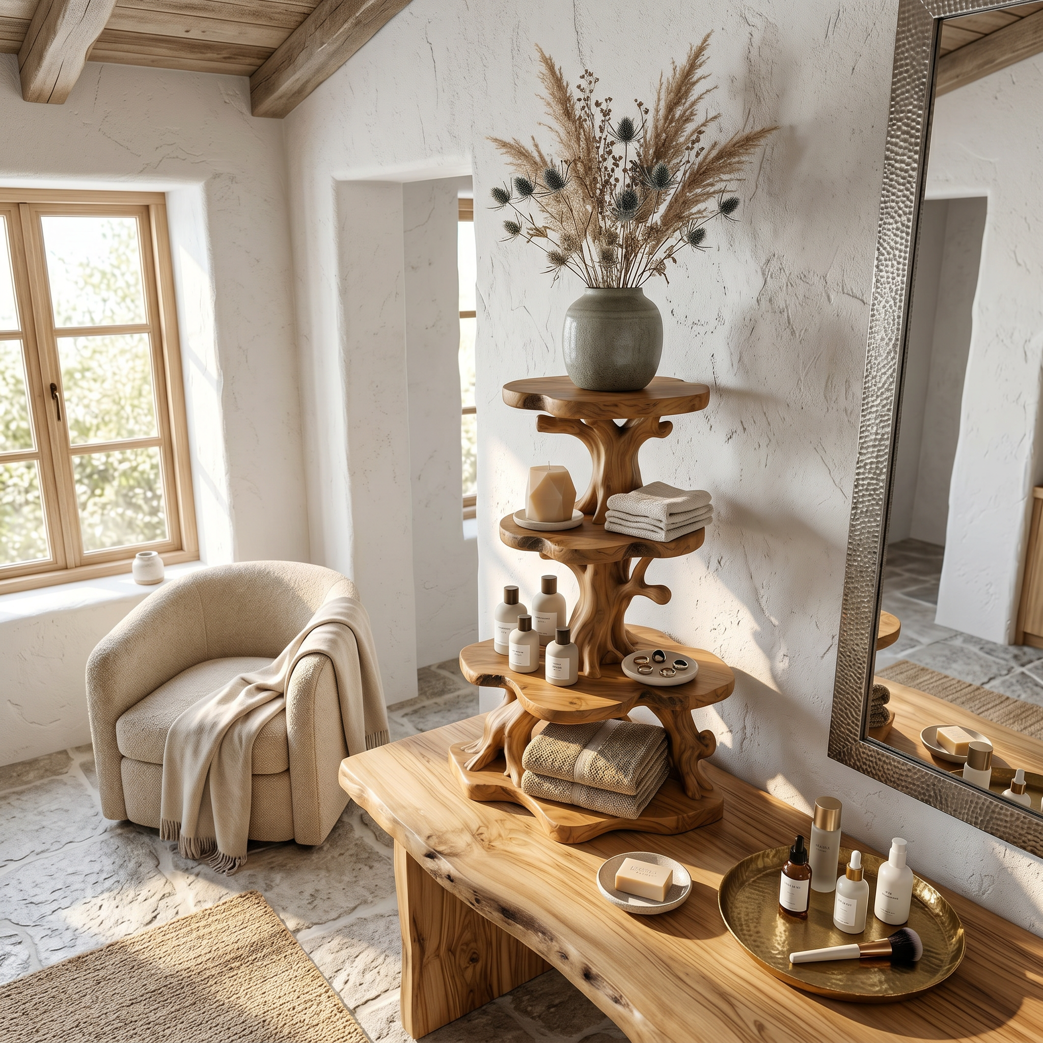 Rustic Bathroom Corner Shelf With Sculptural Wood Display Storage