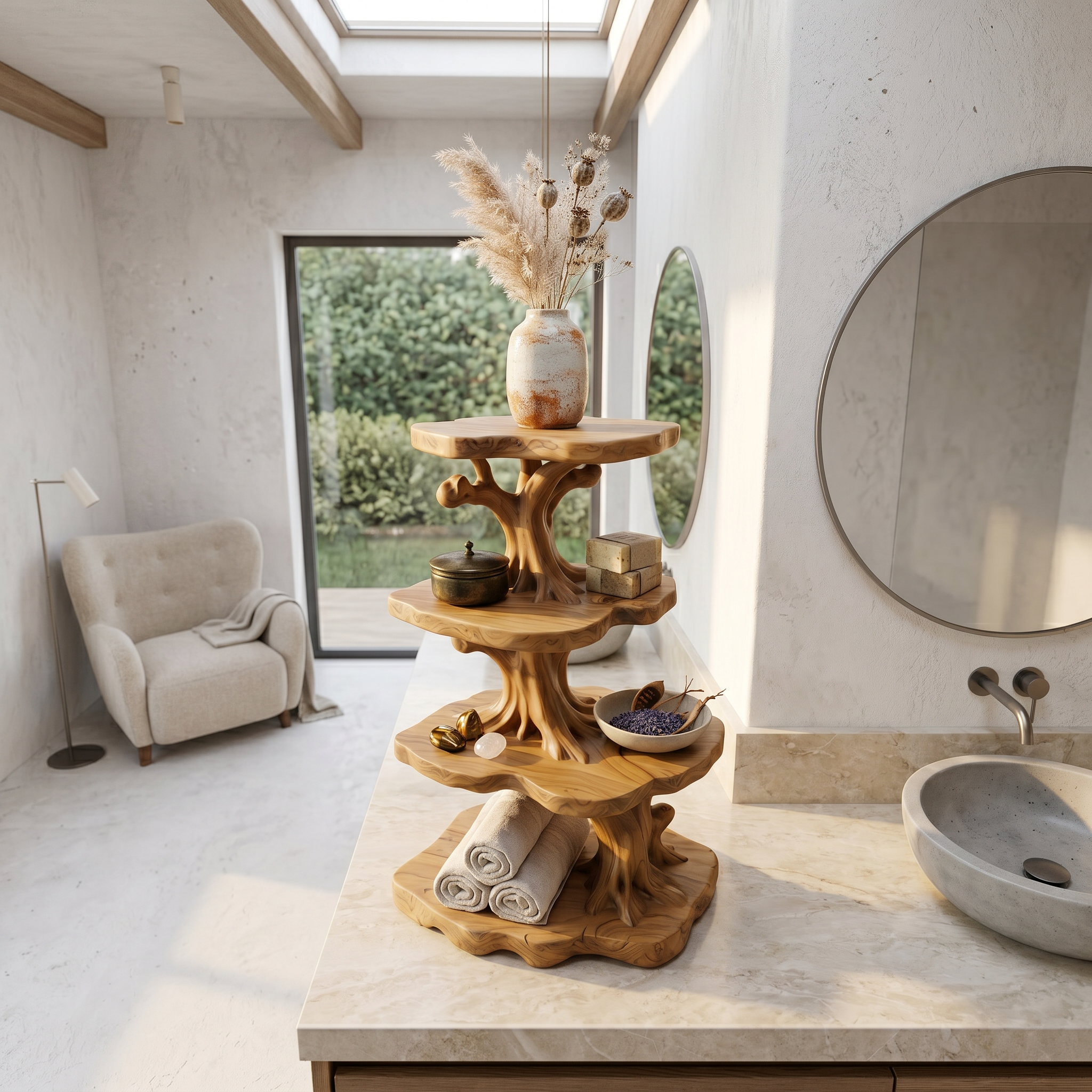 Handcrafted Wooden Bathroom Shelf With Nature Inspired Design For Bathroom