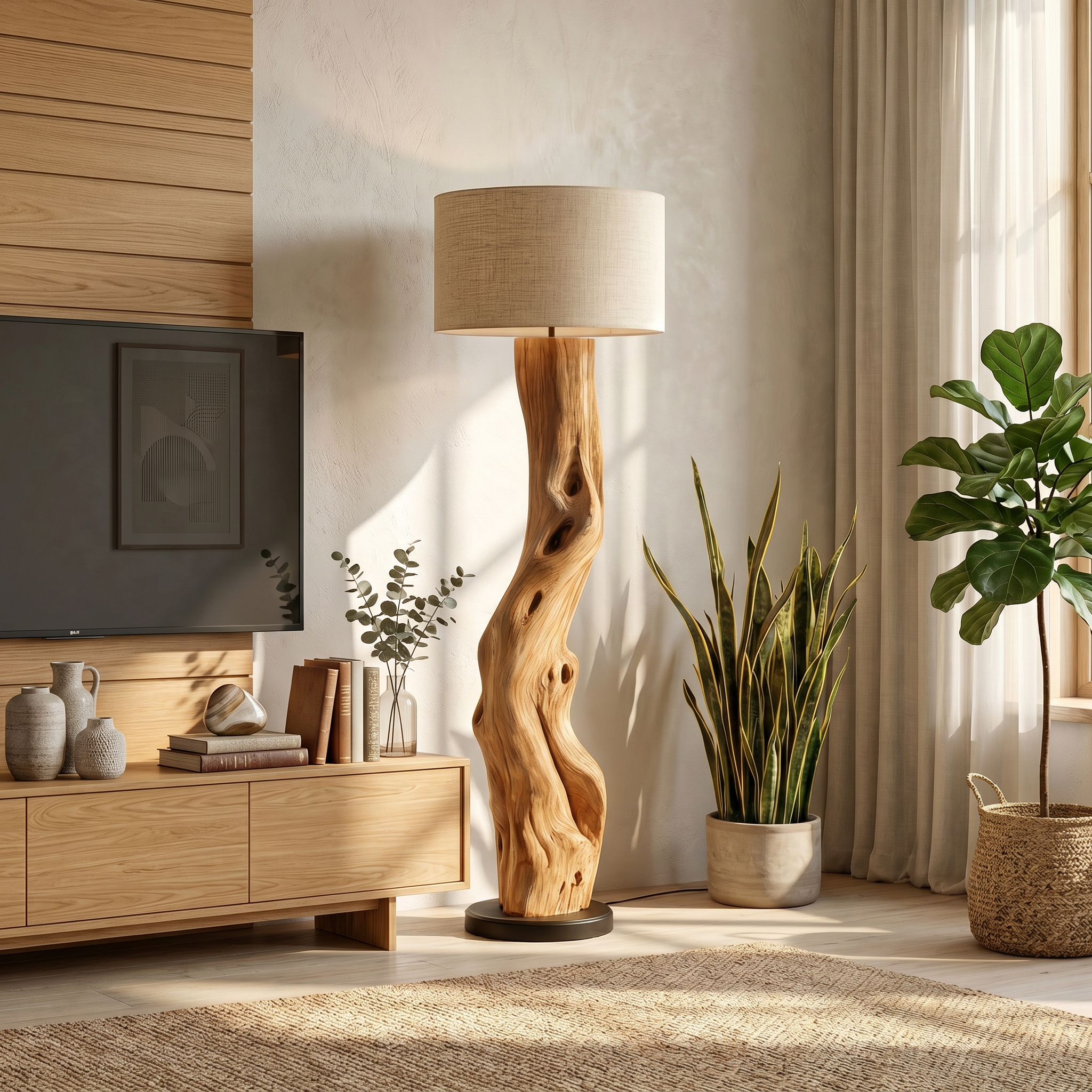 Modern Sculptural Wooden Standing Lamp For Bedroom And Corner