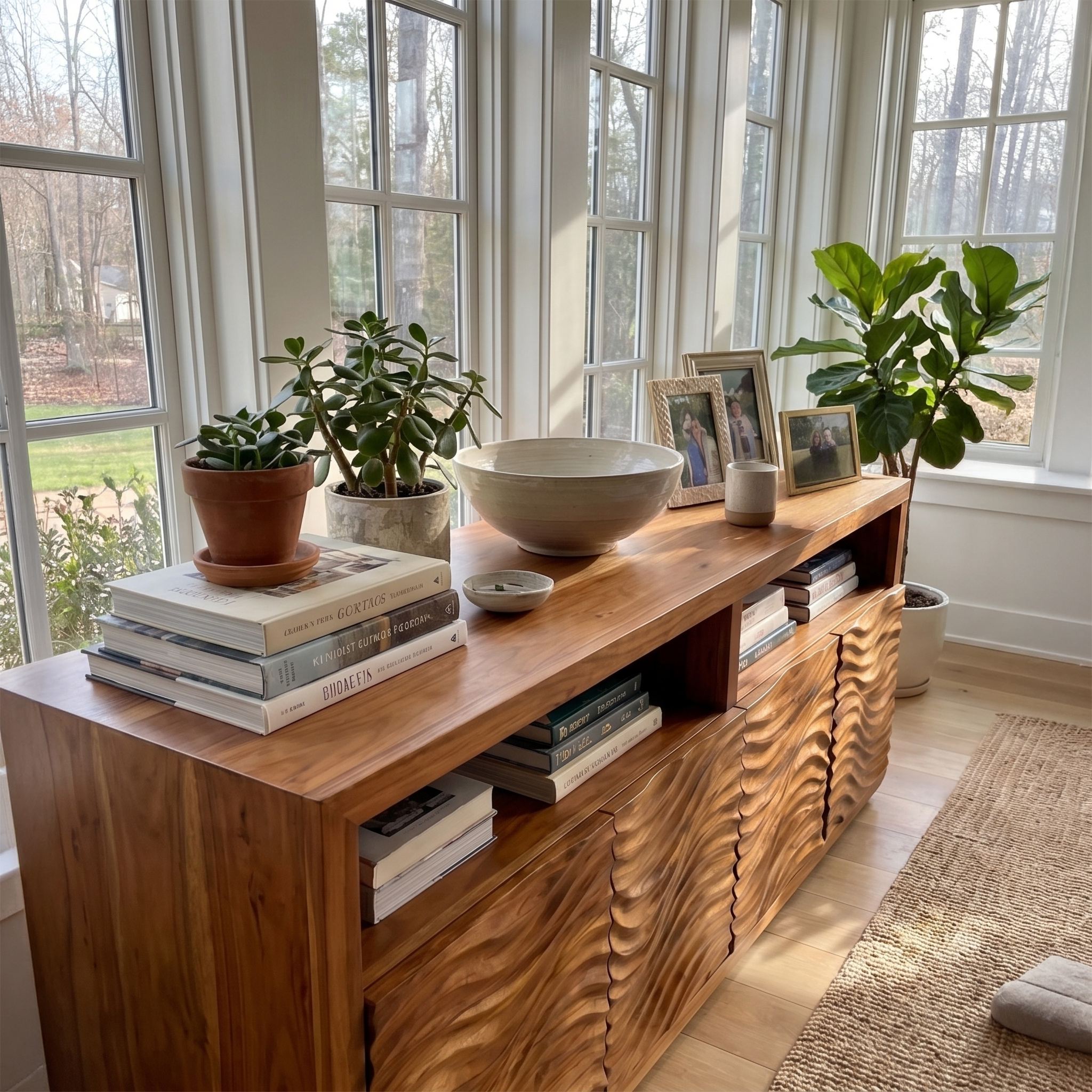 Contemporary Sideboard With Carved Wood Doors And Functional Storage For Living Room