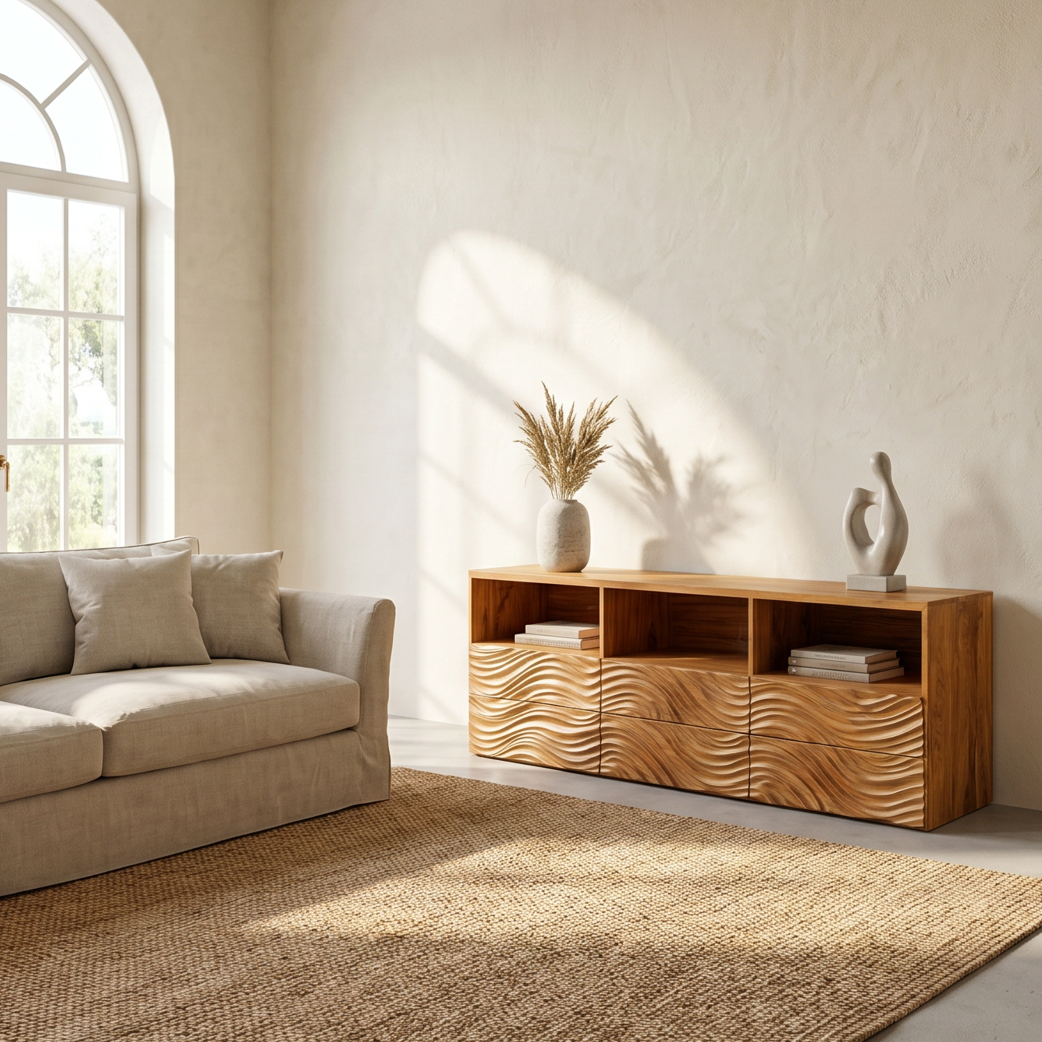 Sculptural Sideboard With Organic Relief Pattern For Living Room