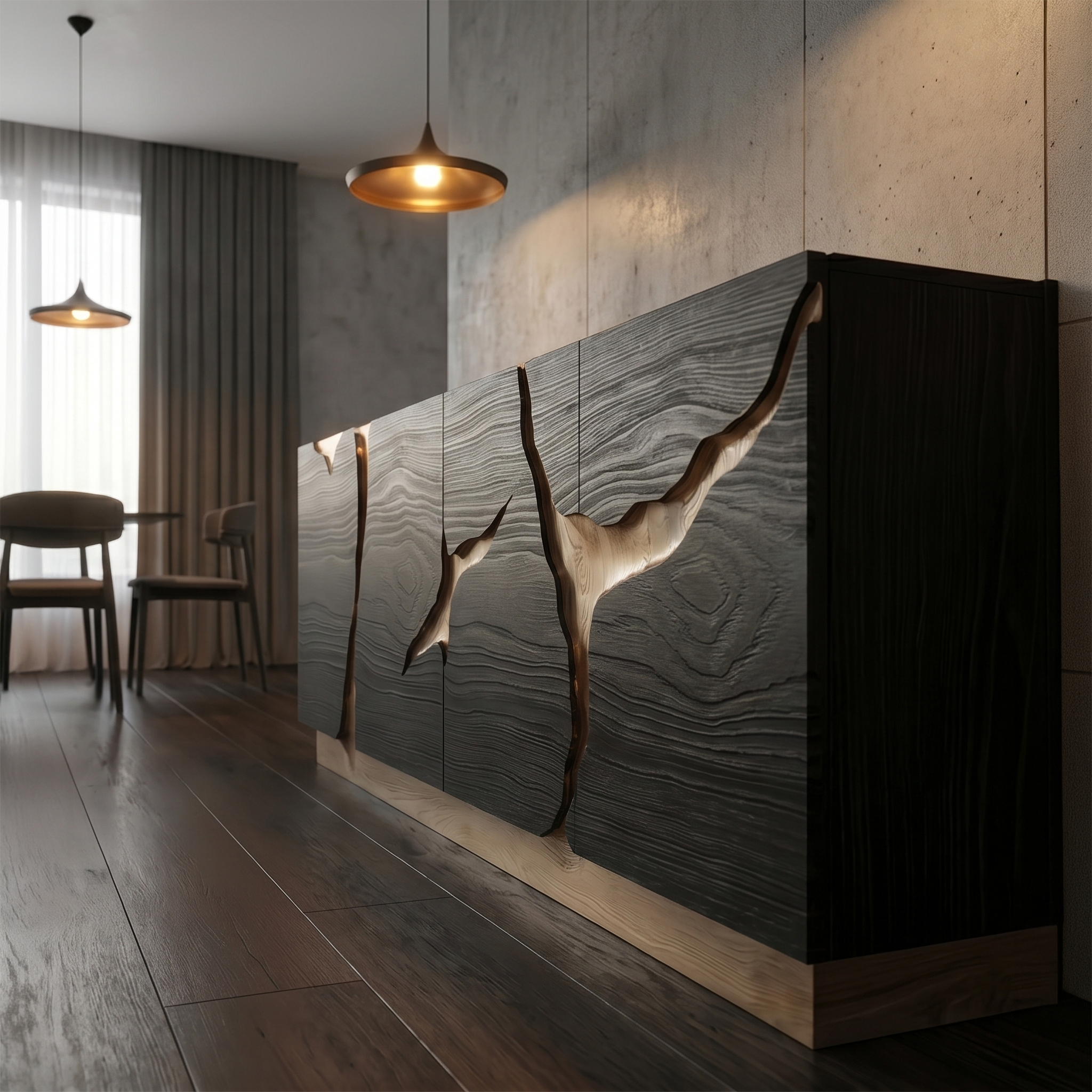 Organic Sideboard With Charred Wood Doors And Natural Live Edge Inlay For Living Room