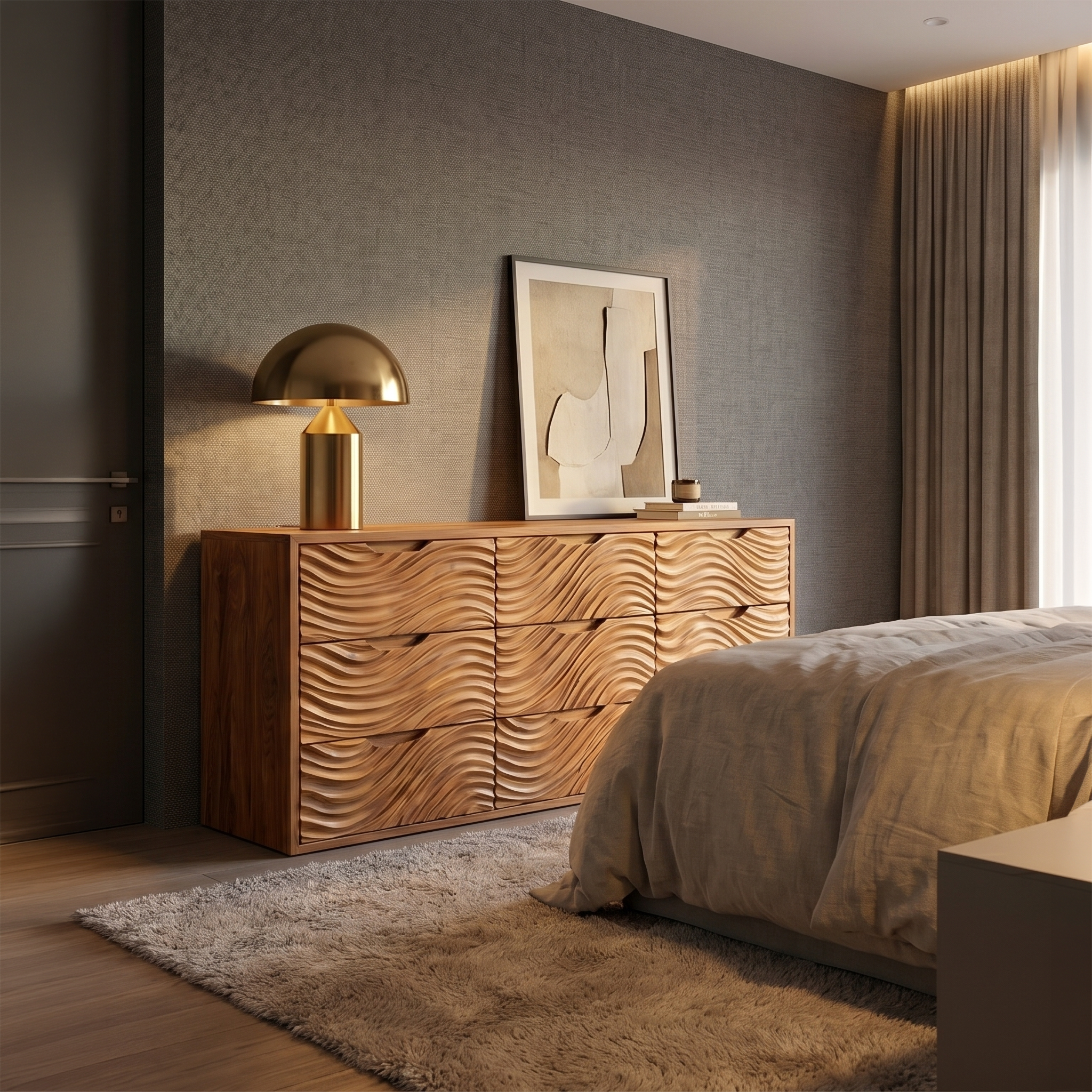 Organic Sideboard With Hand Carved Wave Wood Doors And Solid Wood Storage Cabinet For Living Room