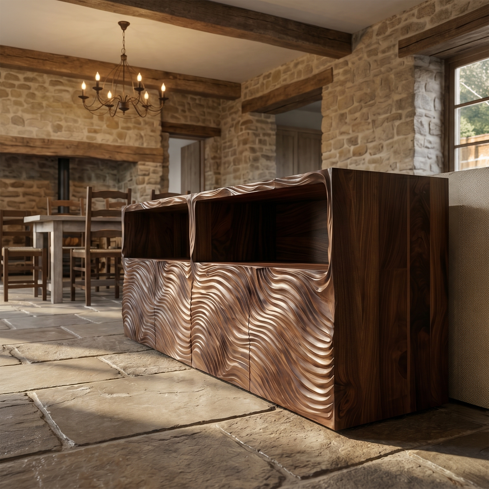 Modern Sideboard With Hand Carved Wave Wood Doors And Open Display Shelves For Living Room