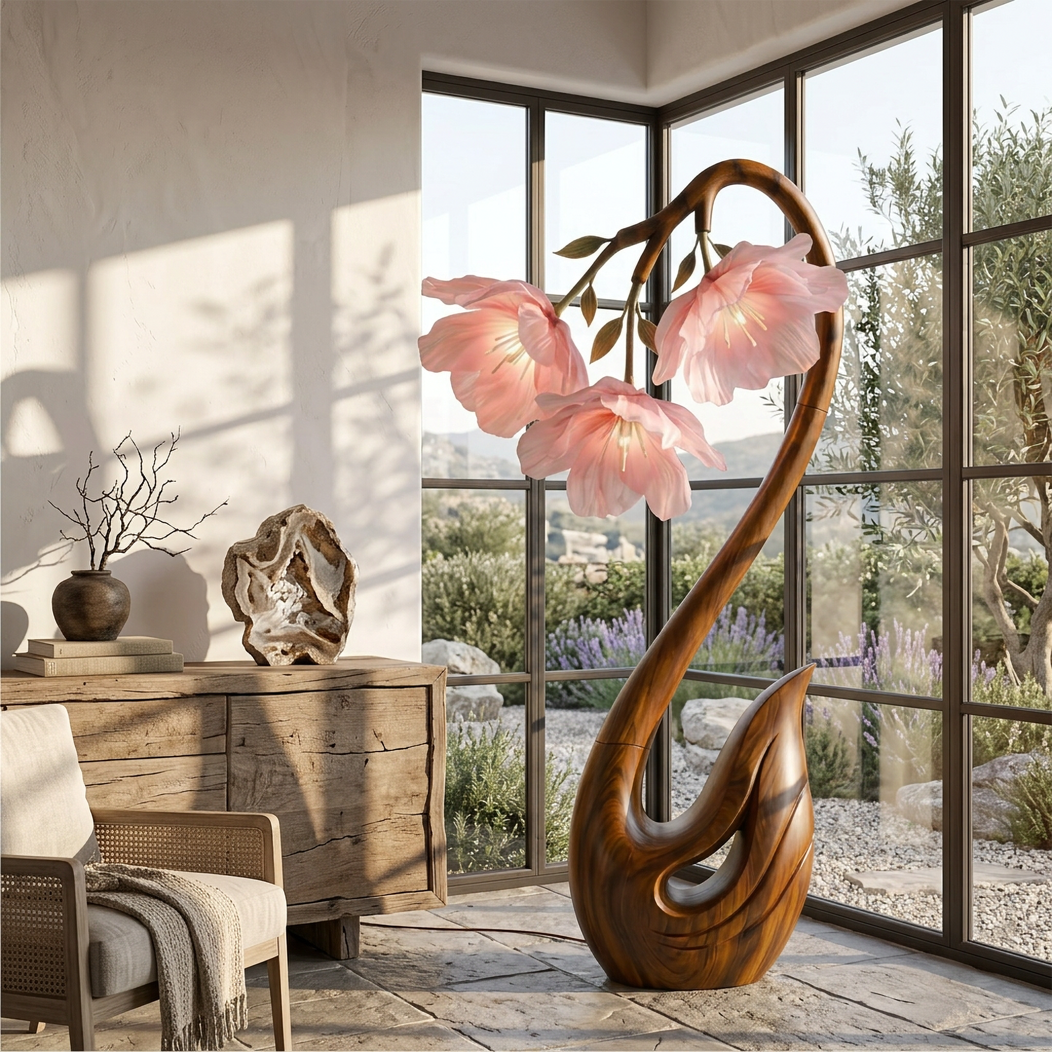 Sculptural Flower Floor Lamp Organic Wood Design For Living Room