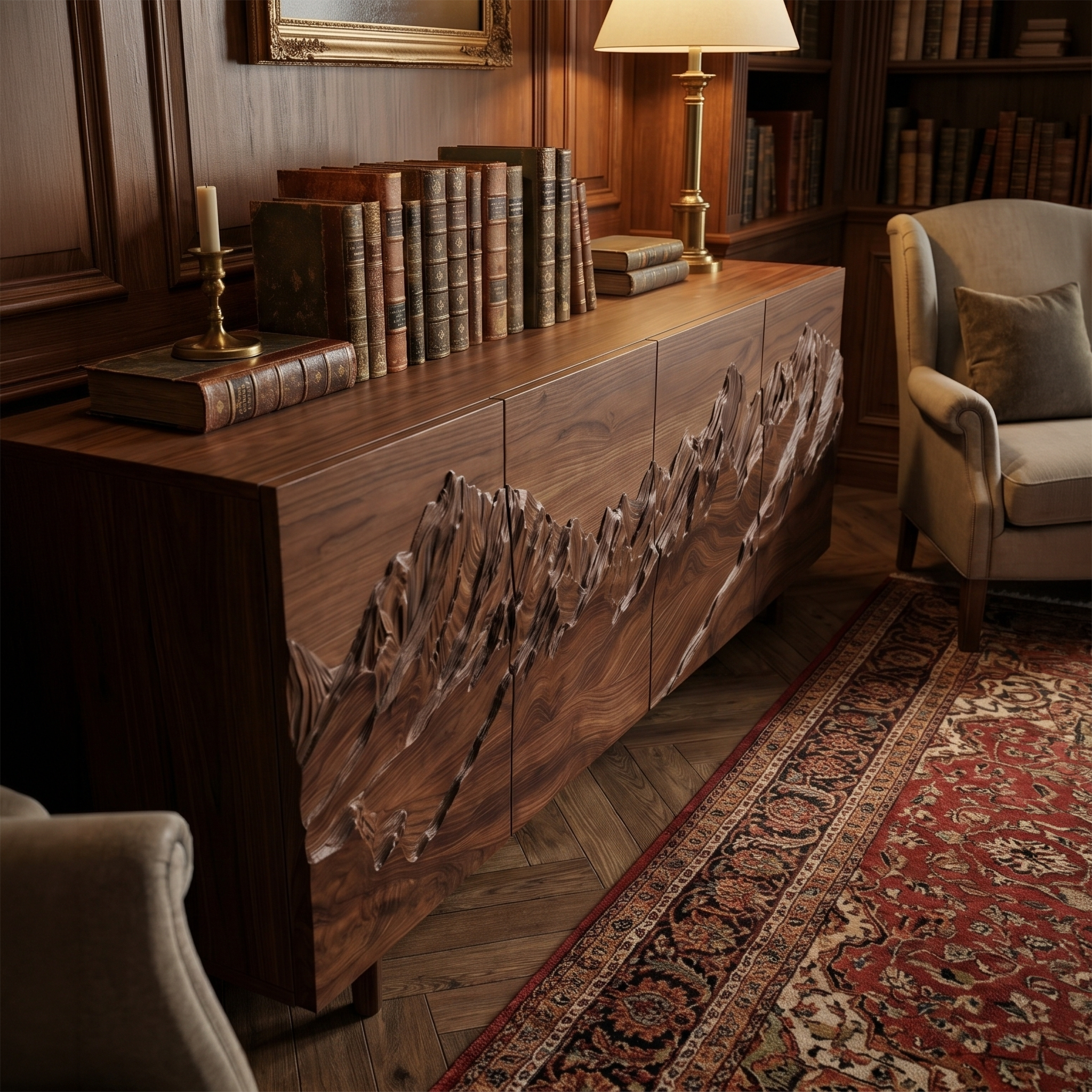 Rustic Mountain Landscape Sideboard With Carved Wood Doors For Living Room And Entryway