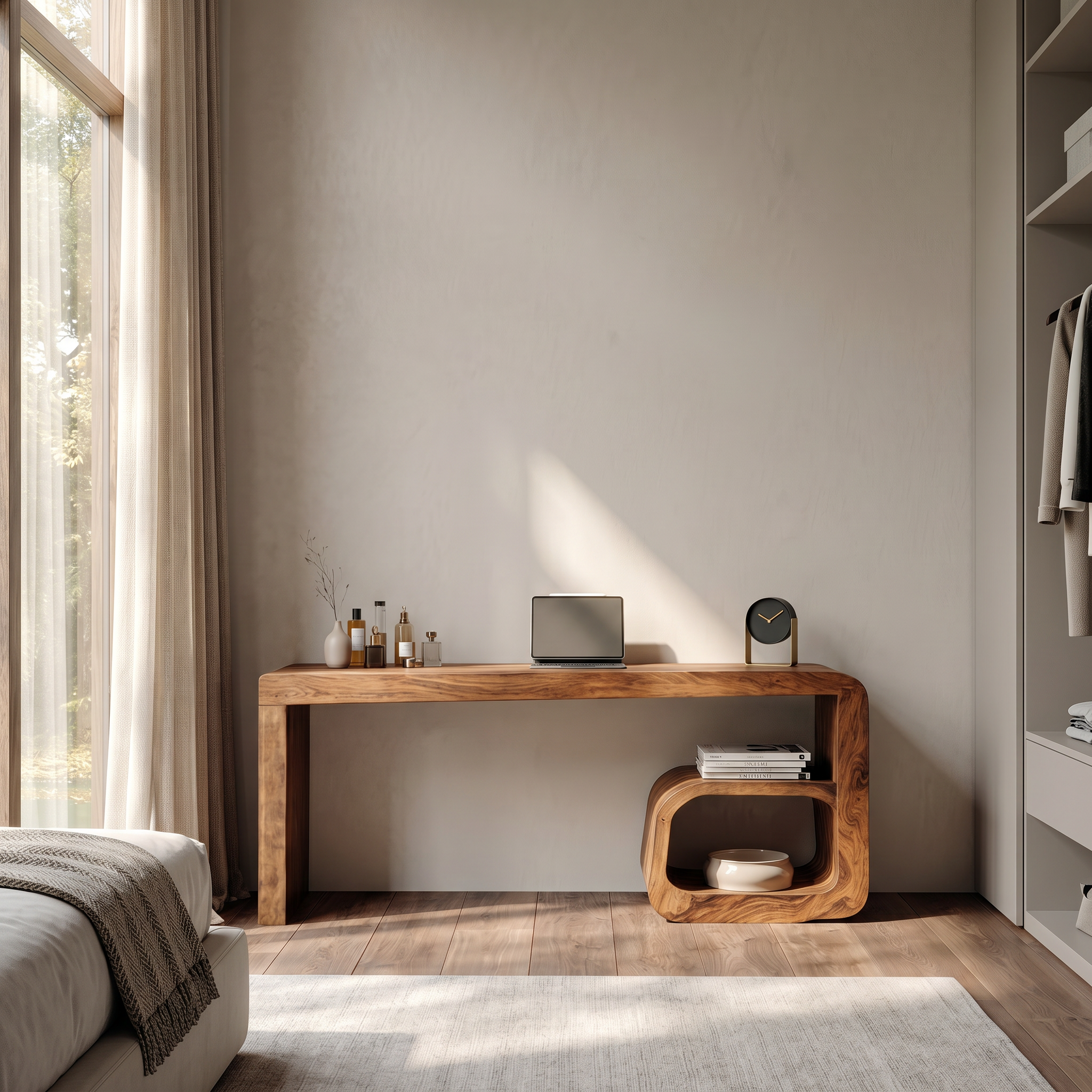 Sculptural Dressing Table With Curved Wood Silhouette For Bedroom Decor