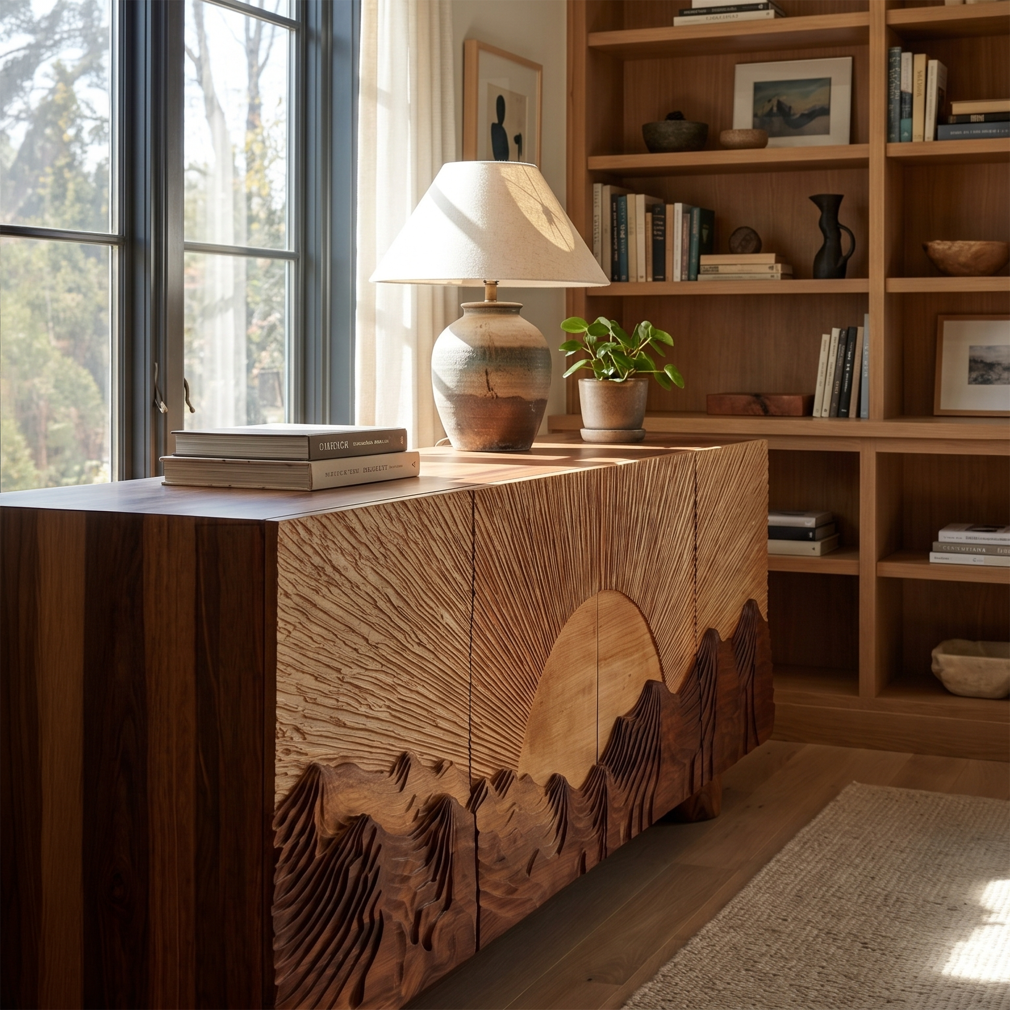Rustic Mountain Sunrise Sideboard With Carved Wood Doors For Living Room