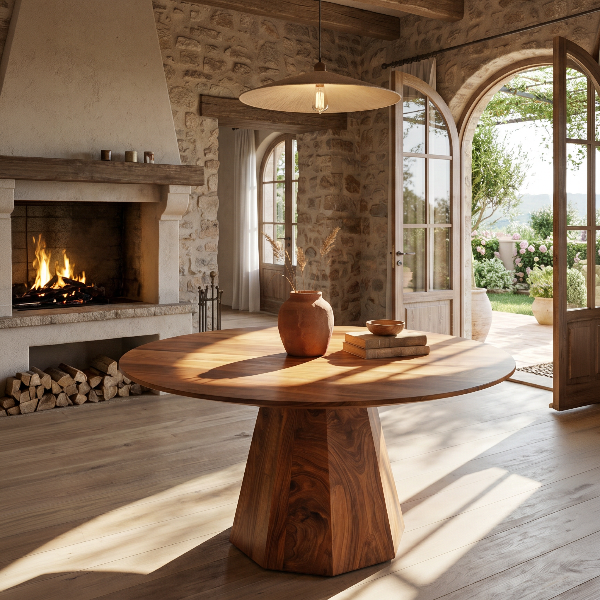 Organic Dining Table With Solid Wood Top And Sculptural Pedestal Base For Dining Room