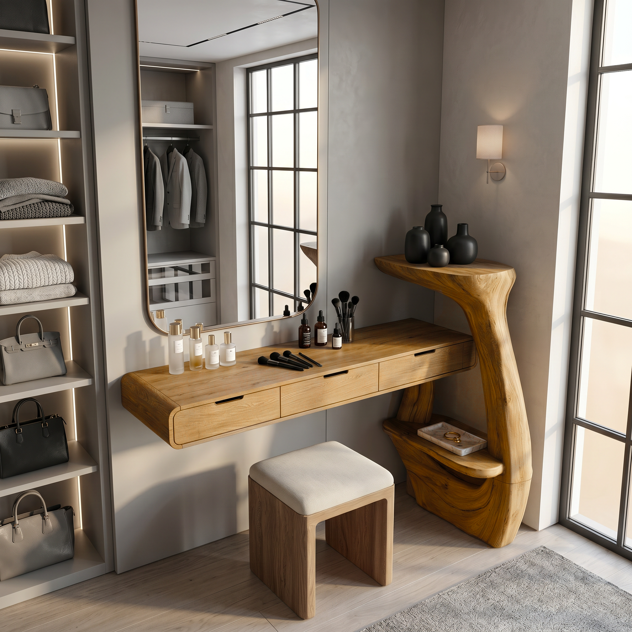 Sculptural Dressing Table With Handcrafted Wood Structure For Bedroom