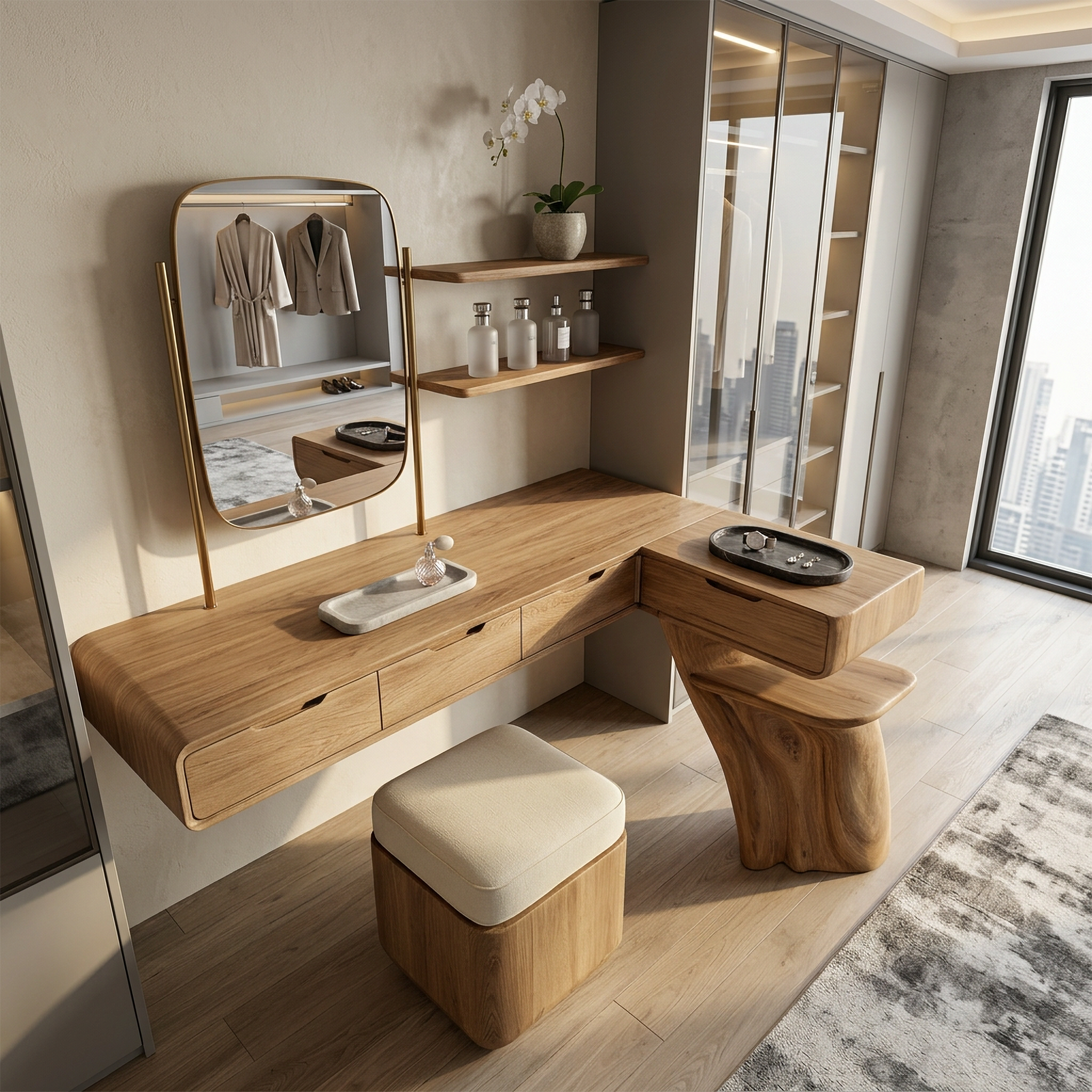 Nature Inspired Dressing Table With Sculptural Wood Design For Bedroom