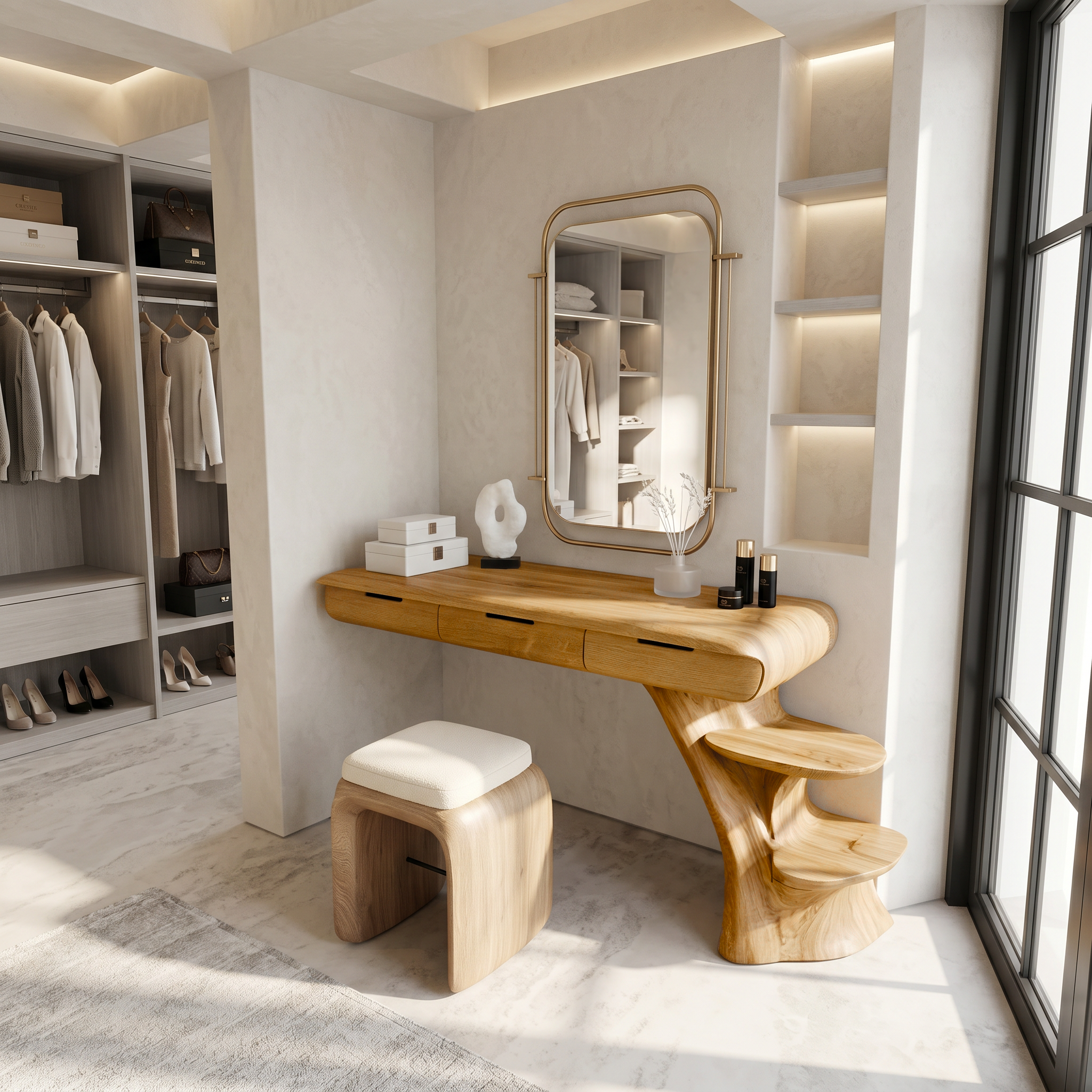 Sculptural Dressing Table With Open Storage Shelves For Bedroom