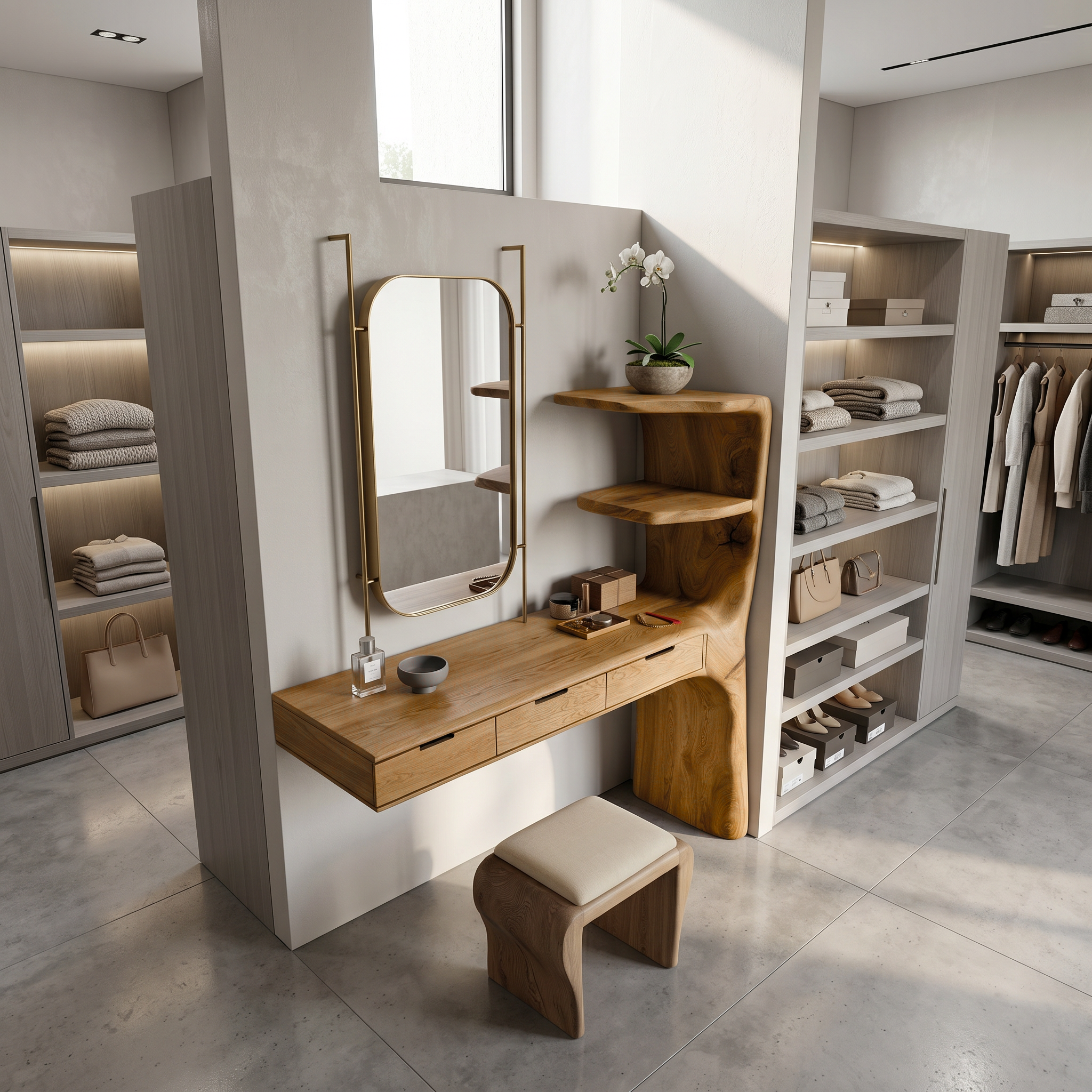 Organic Dressing Table With Built In Storage Shelves For Bedroom And Dressing Room