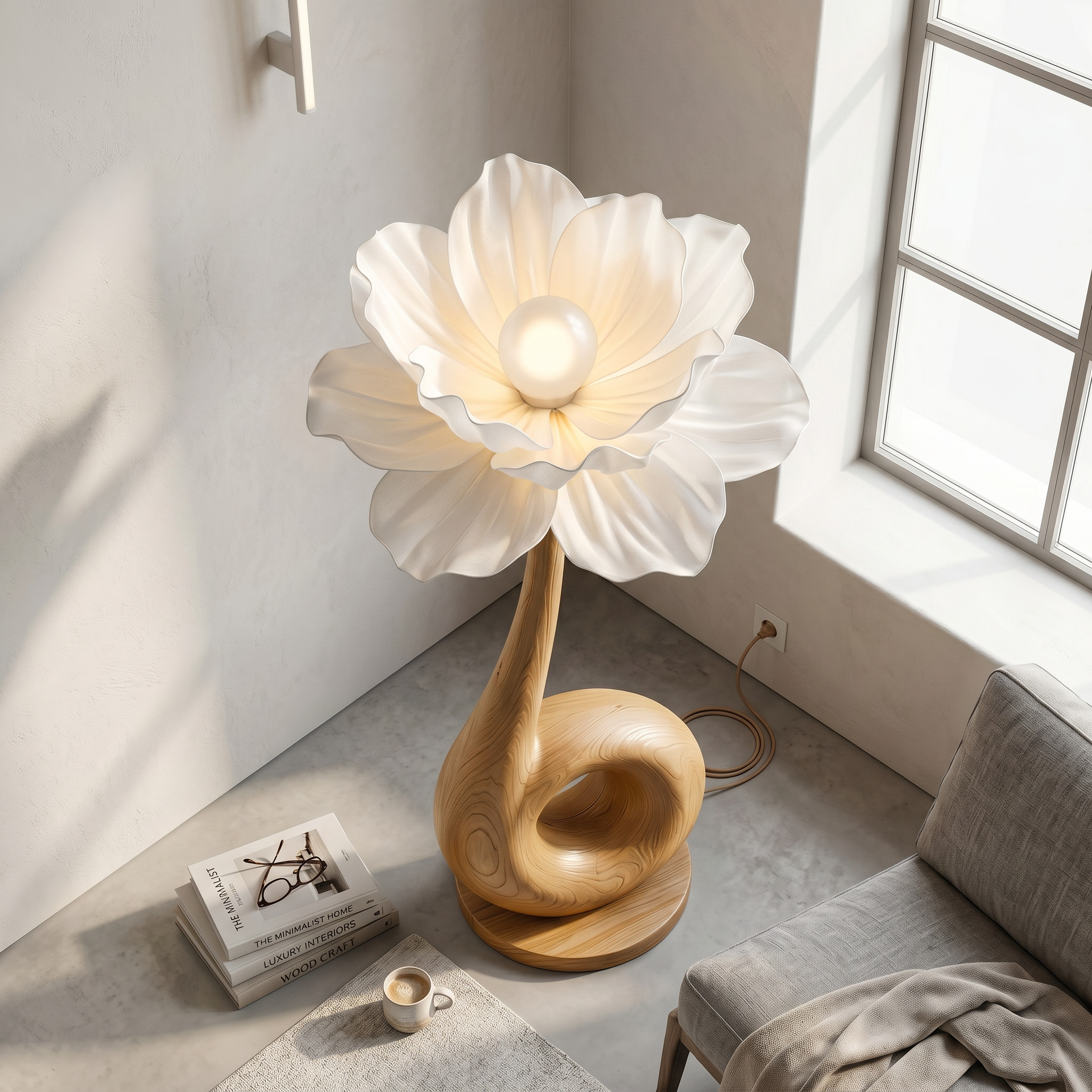 Modern Floor Lamp With Sculptural Loop Base And Floral Shade For Living Room