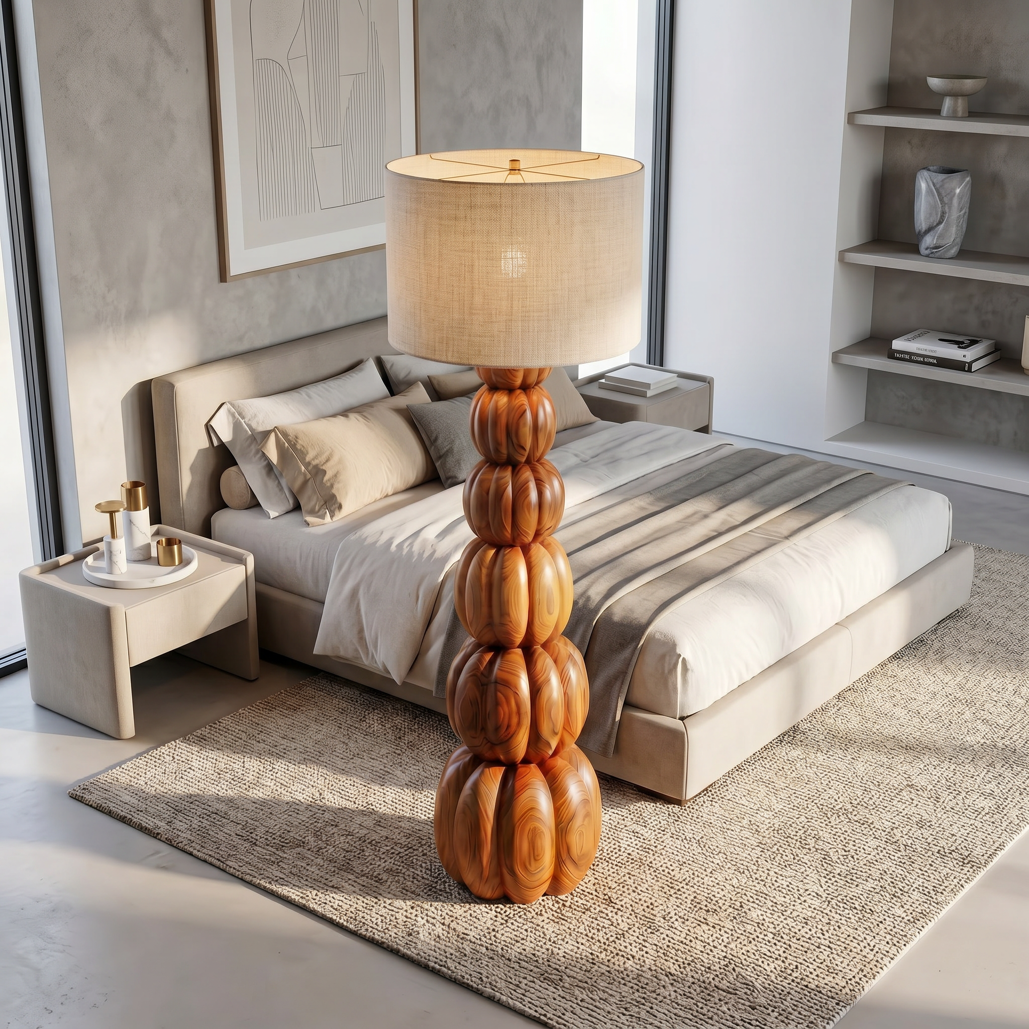 Rustic Floor Lamp With Stacked Pumpkin Wood Base For Living Room