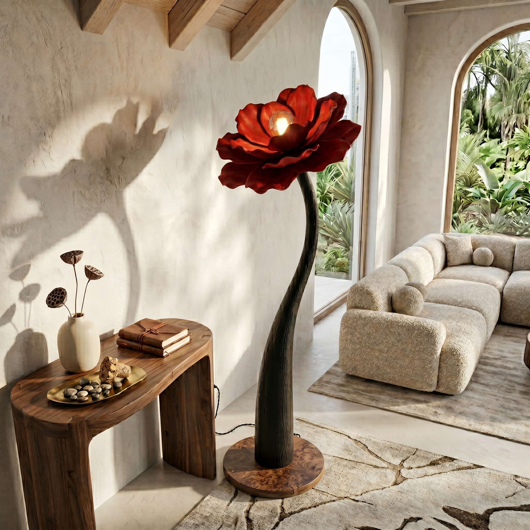 Sculptural Floor Lamp With Curved Stem And Floral Shade For Living Room