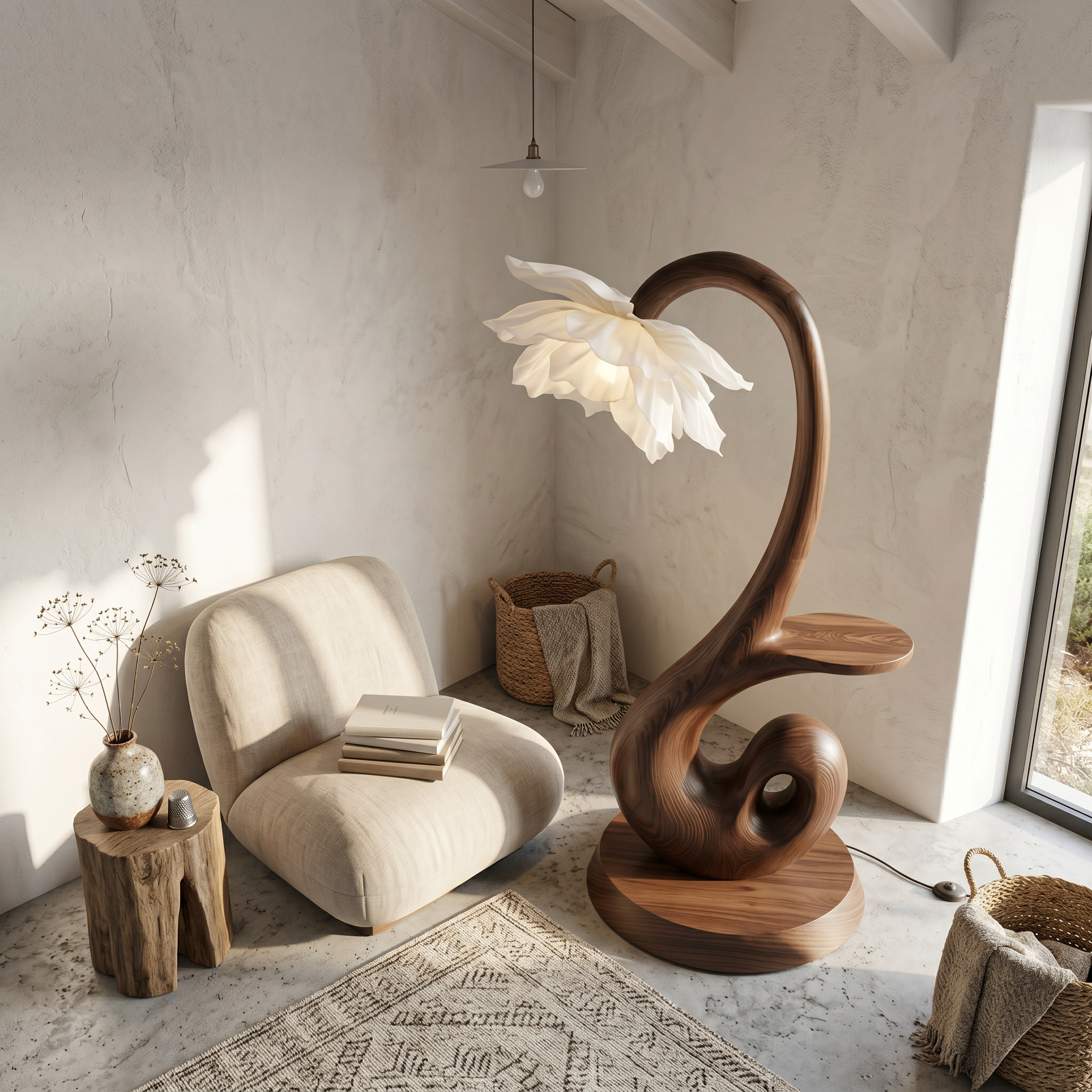 Nature Inspired Floor Lamp With Blooming Flower Shade And Display Shelf For Reading Nook