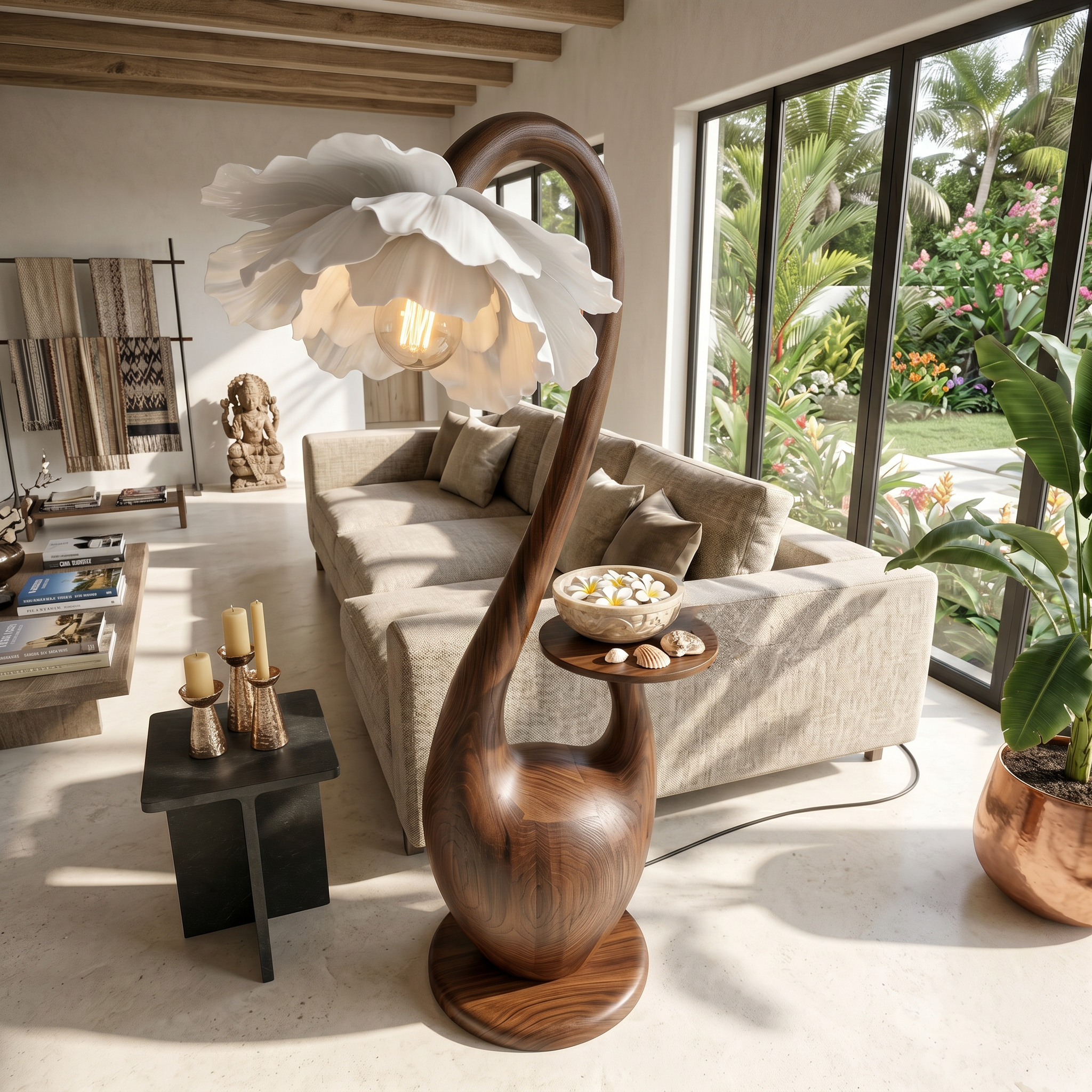 Artistic Floor Lamp With Sculptural Organic Base And Integrated Shelf For Reading Nook