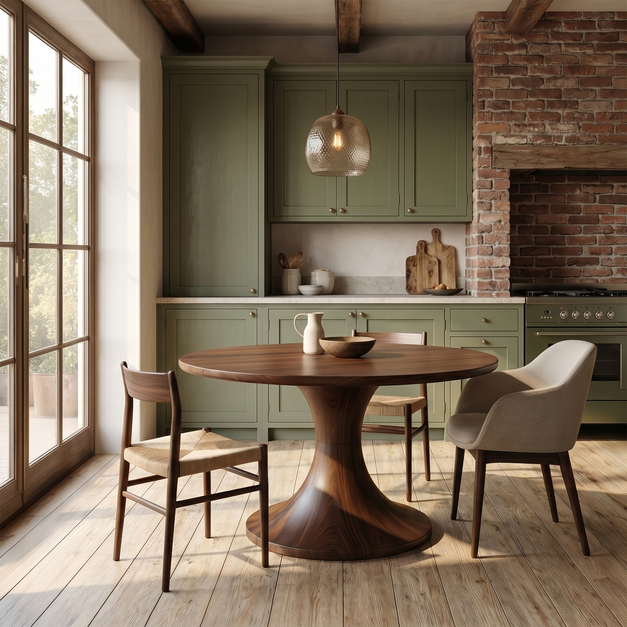 Contemporary Dining Table With Handcrafted Solid Wood Pedestal For Kitchen