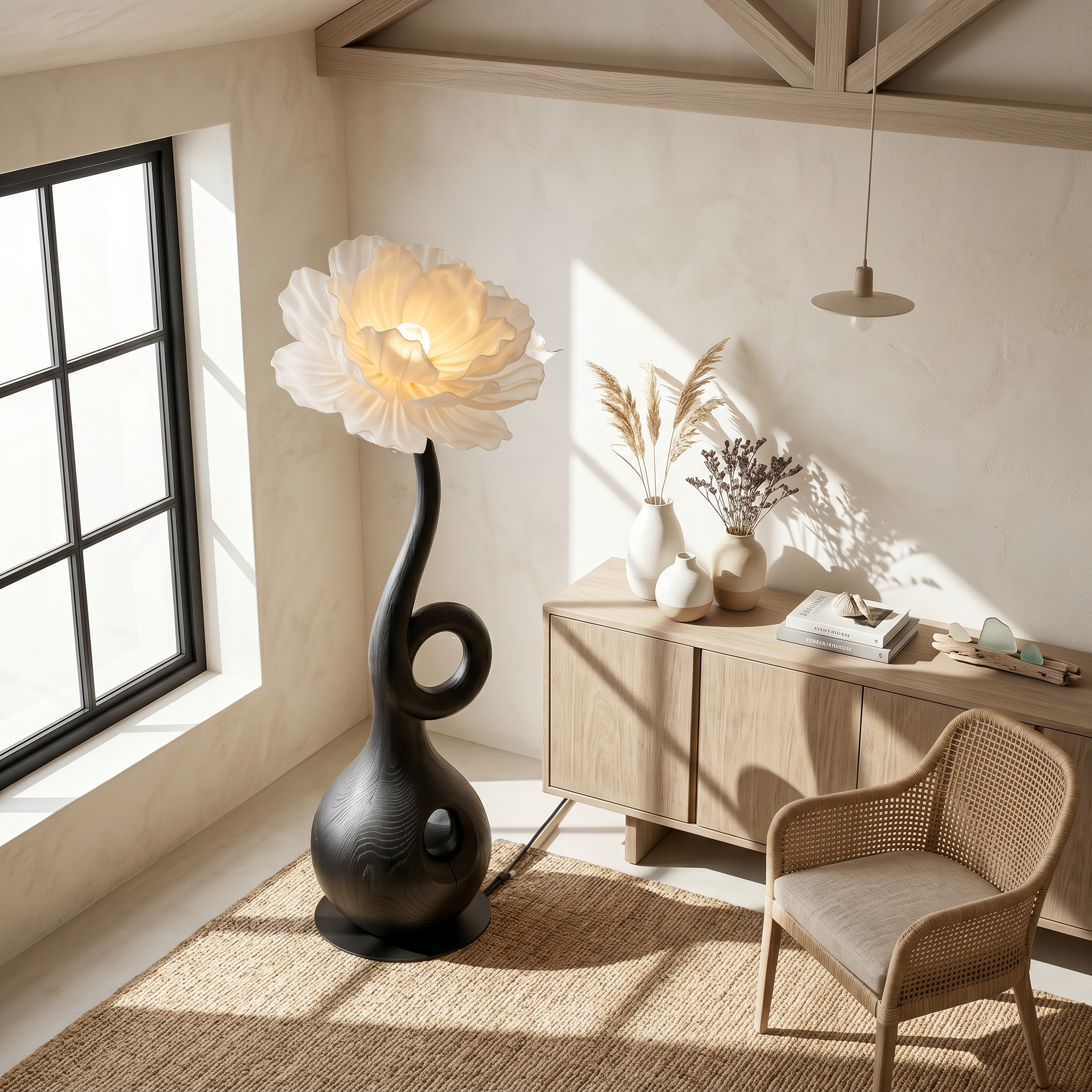 Sculptural Floor Lamp With Floral Accent Design For Bedroom And Reading Room