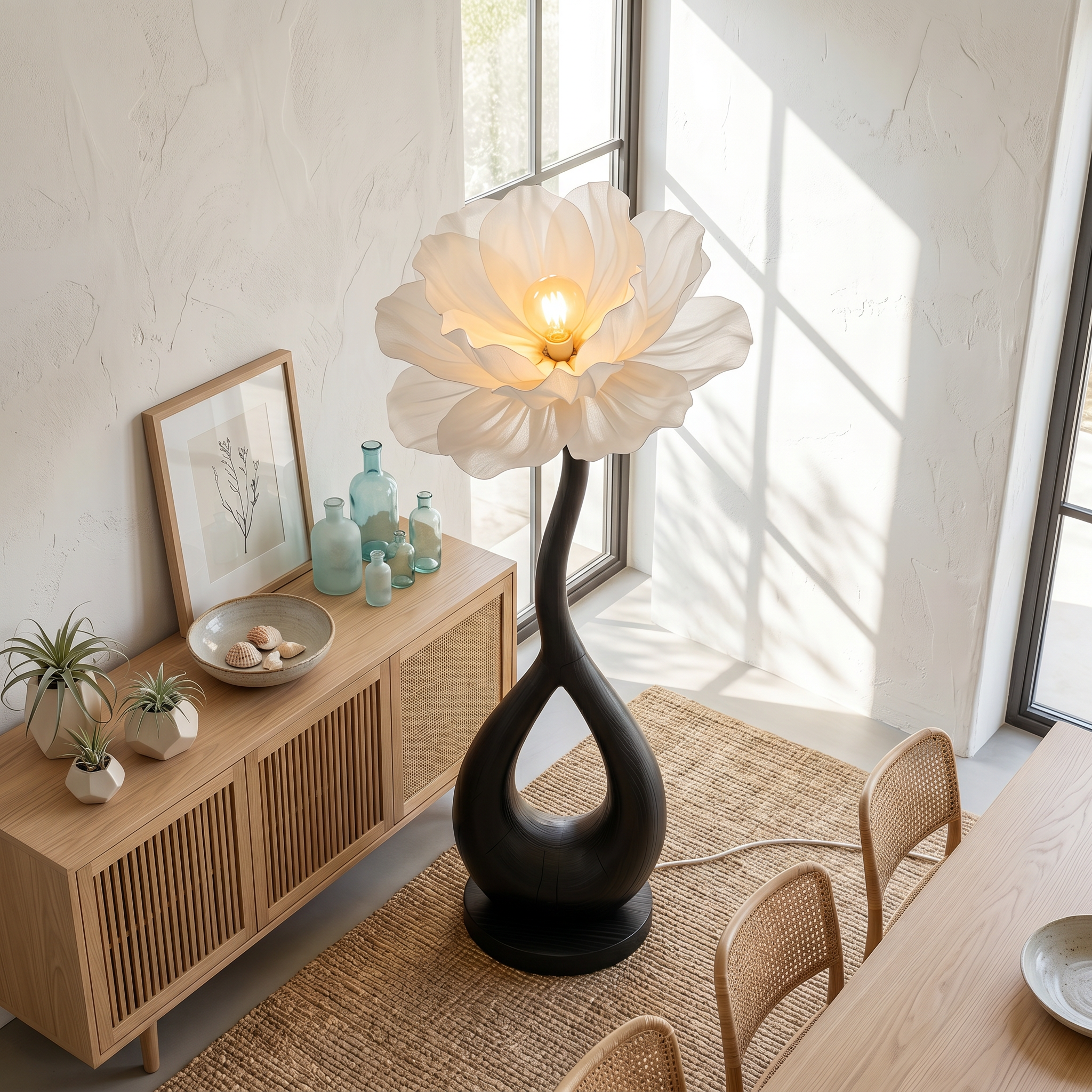 Handcrafted Floor Lamp With Blooming Flower Sculpture For Living Room
