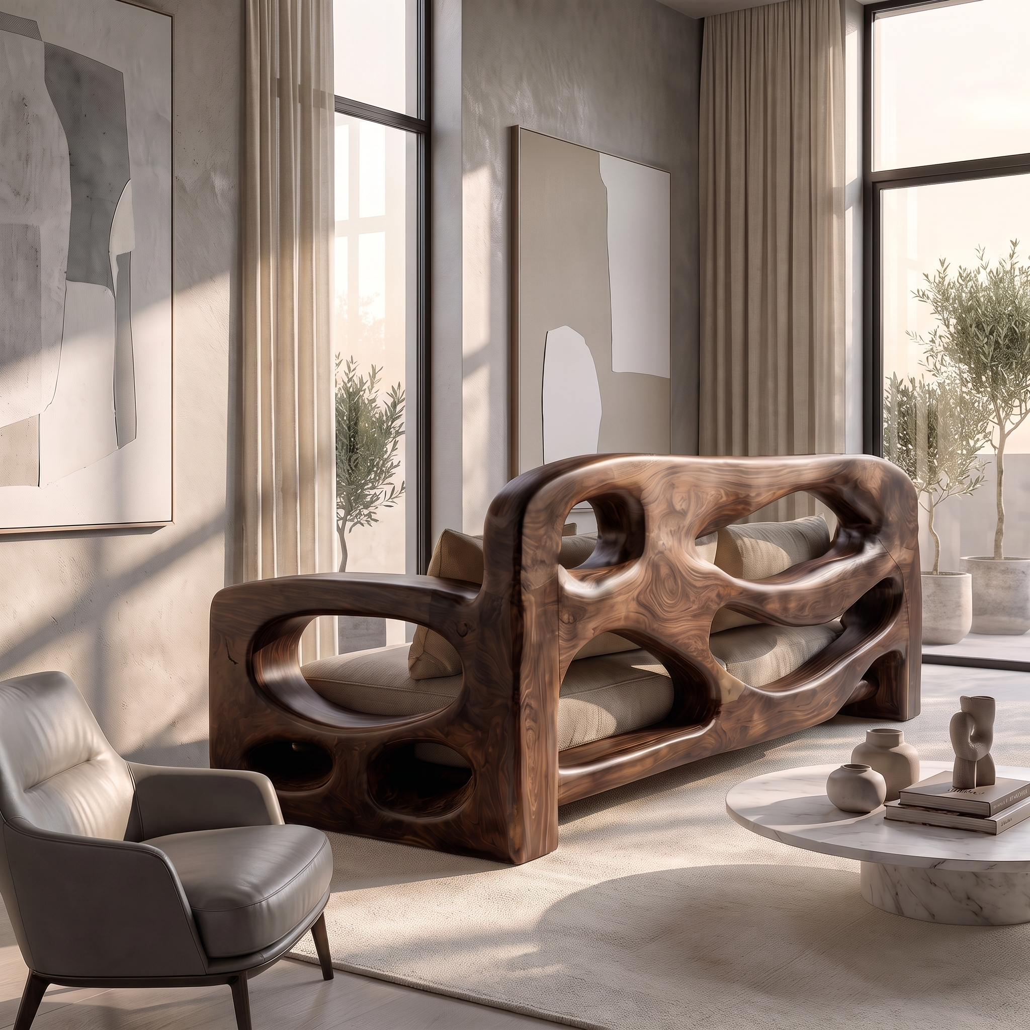 Modern Sofa Frame With Sculptural Solid Wood Armrests For Living Room