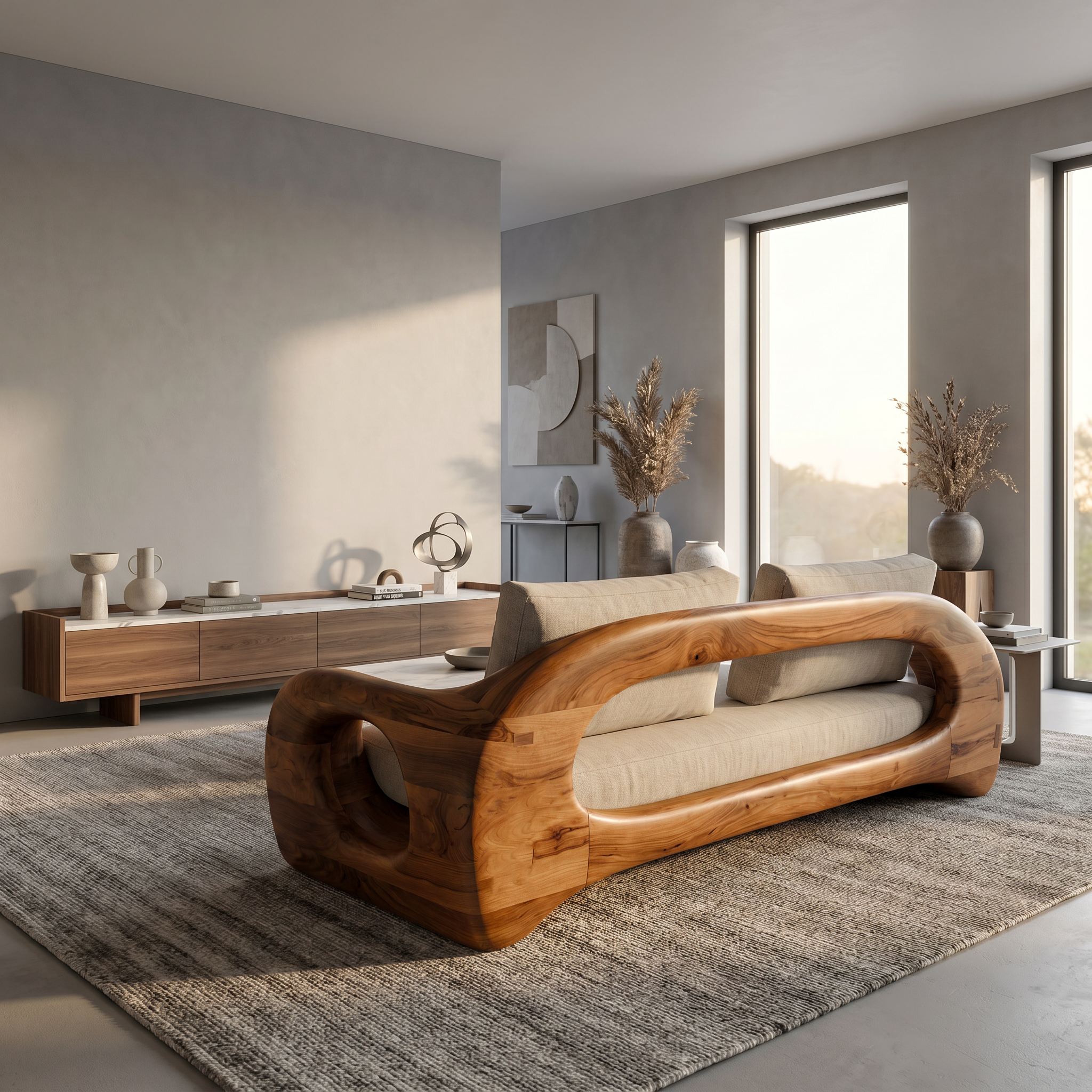 Organic Sofa Frame With Sculptural Circular Armrests For Living Room