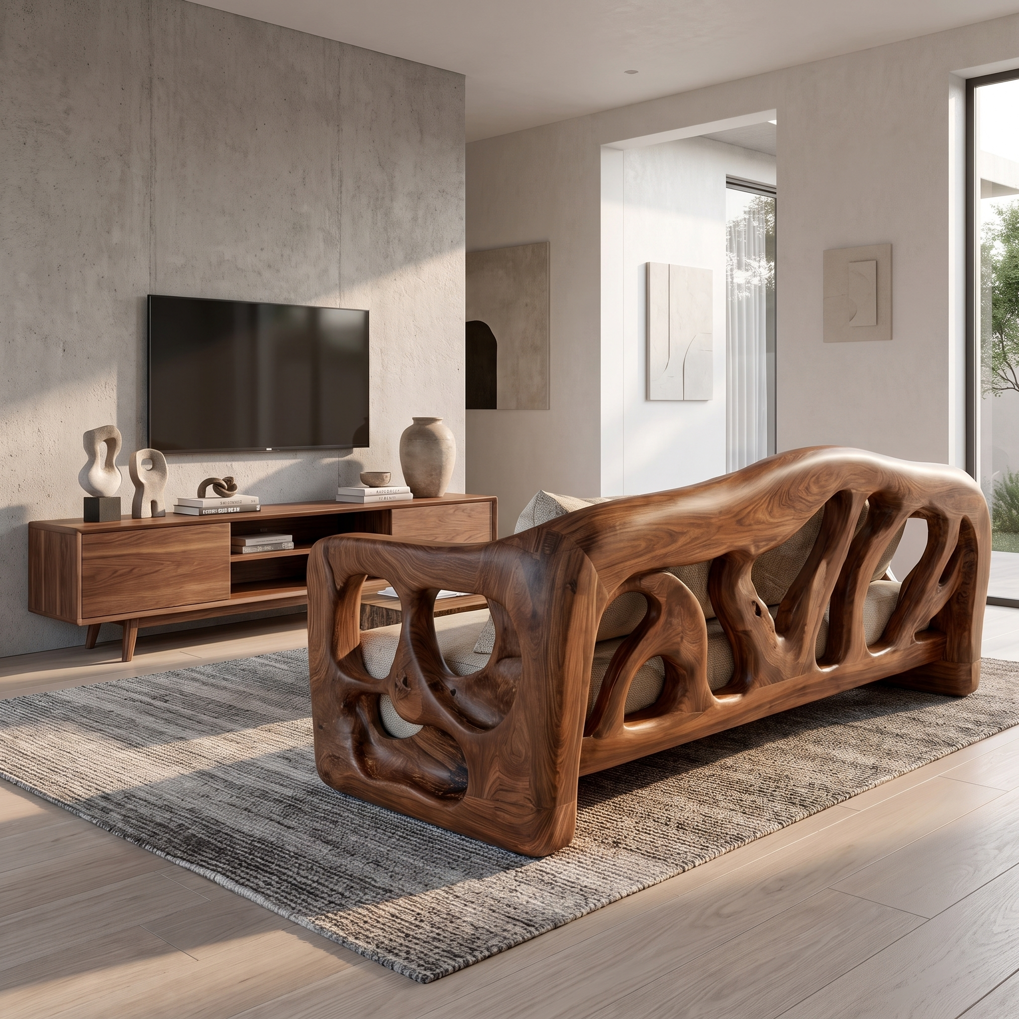 Modern Sofa With Sculptural Solid Wood For Living Room
