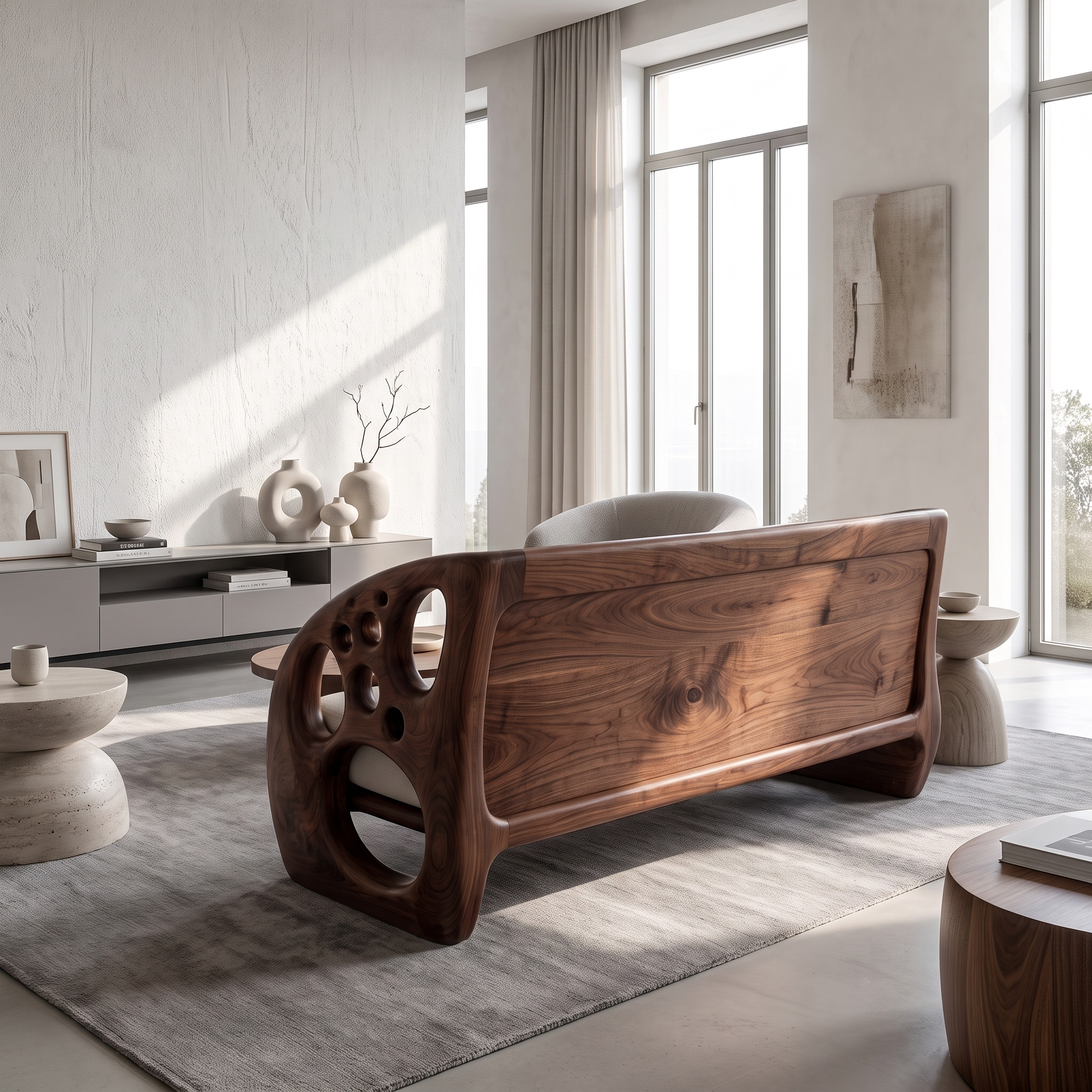 Modern Organic Sofa With Sculptural Perforated Wood Frame