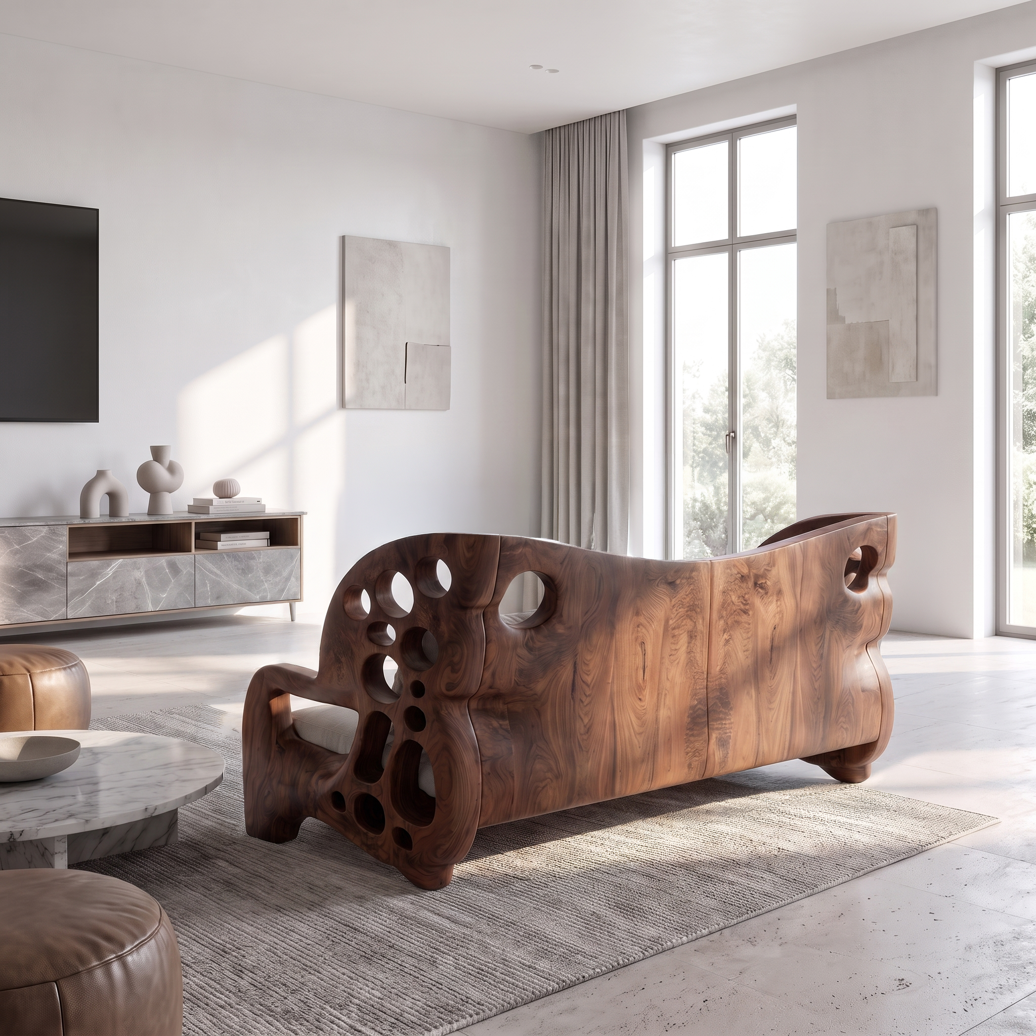 Organic Sofa Frame With Sculptural Openwork Armrests For Living Room