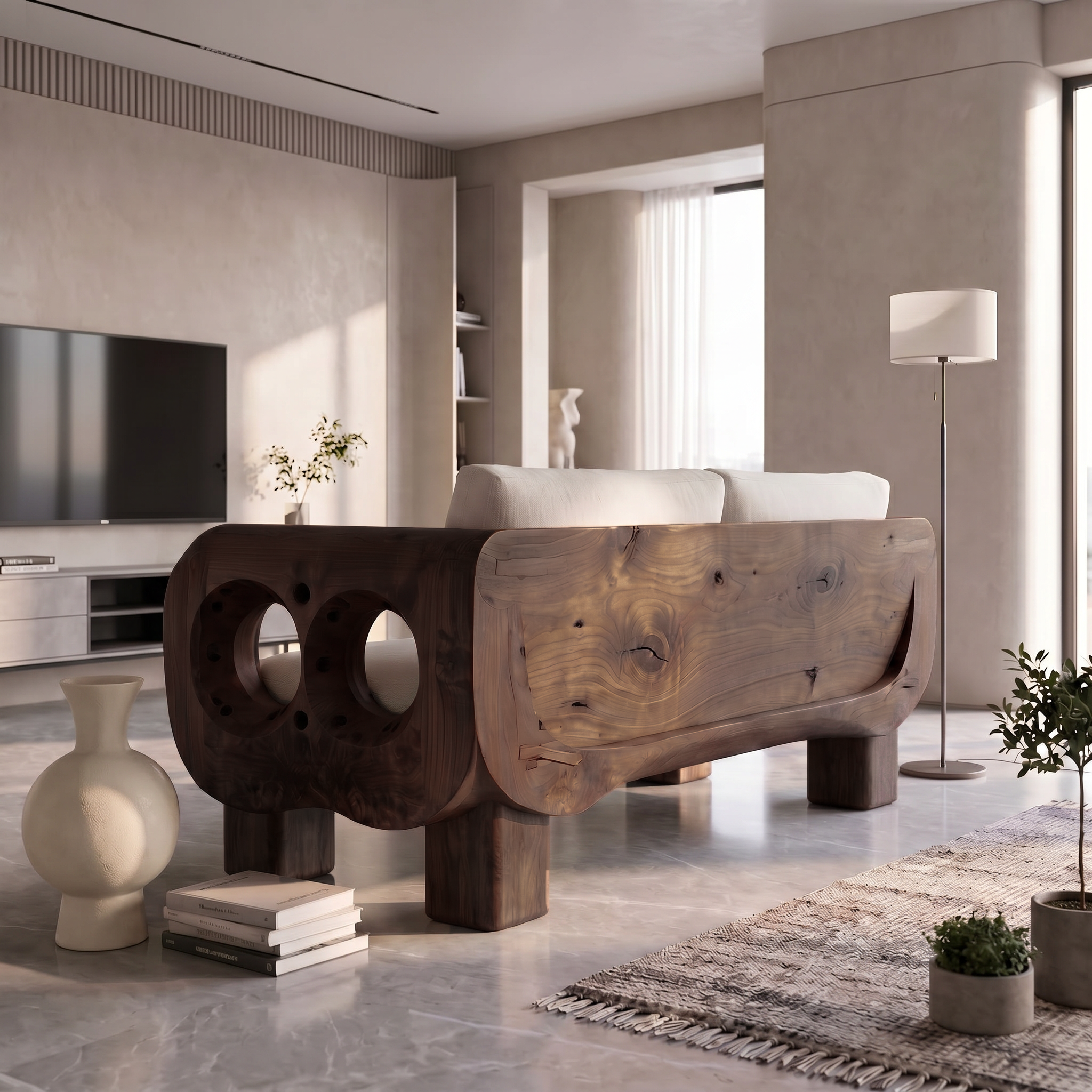 Organic Curved Sofa With Sculptural Wooden Base For Living Room