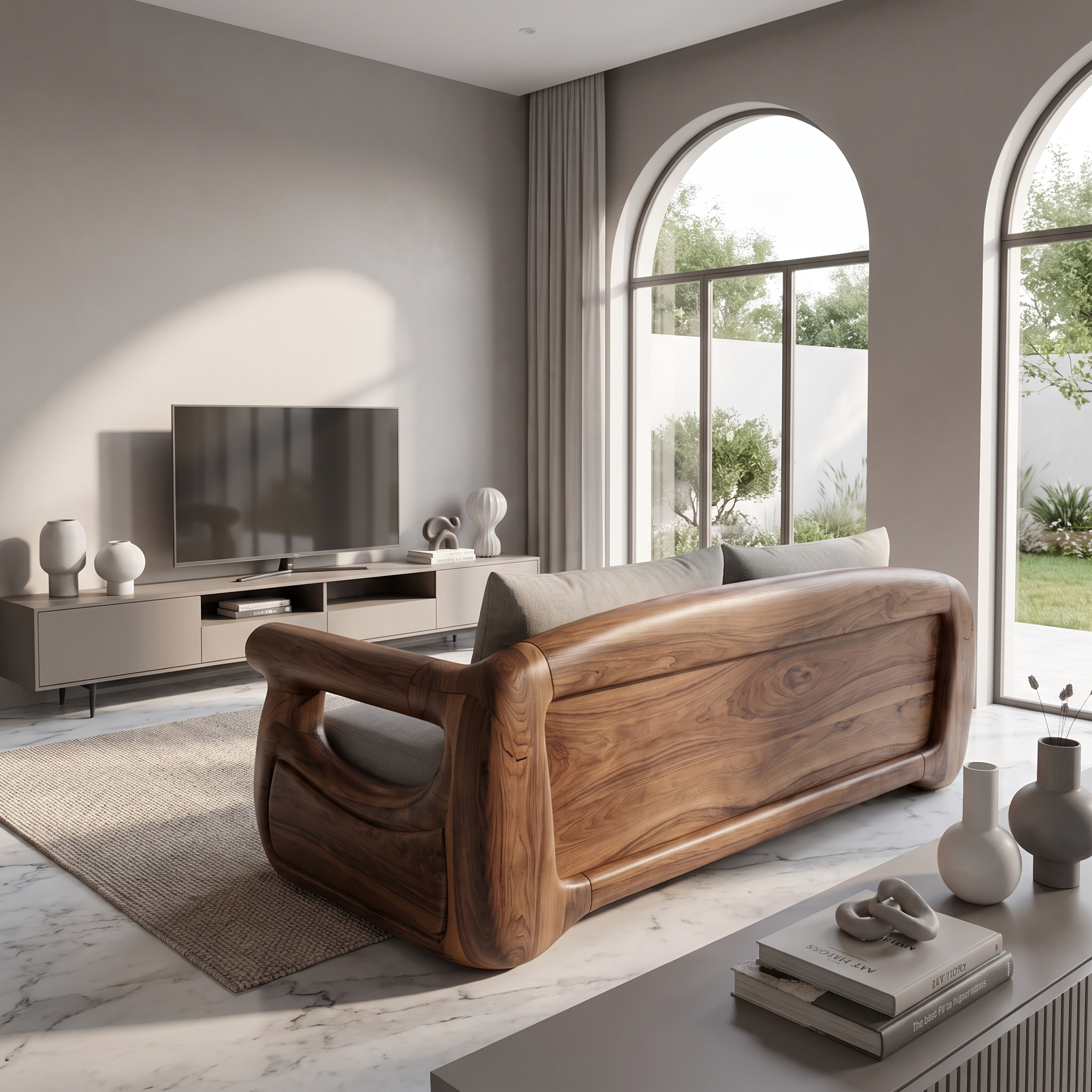 Modern Sofa With Sculptural Perforated Wood Frame For Living Room