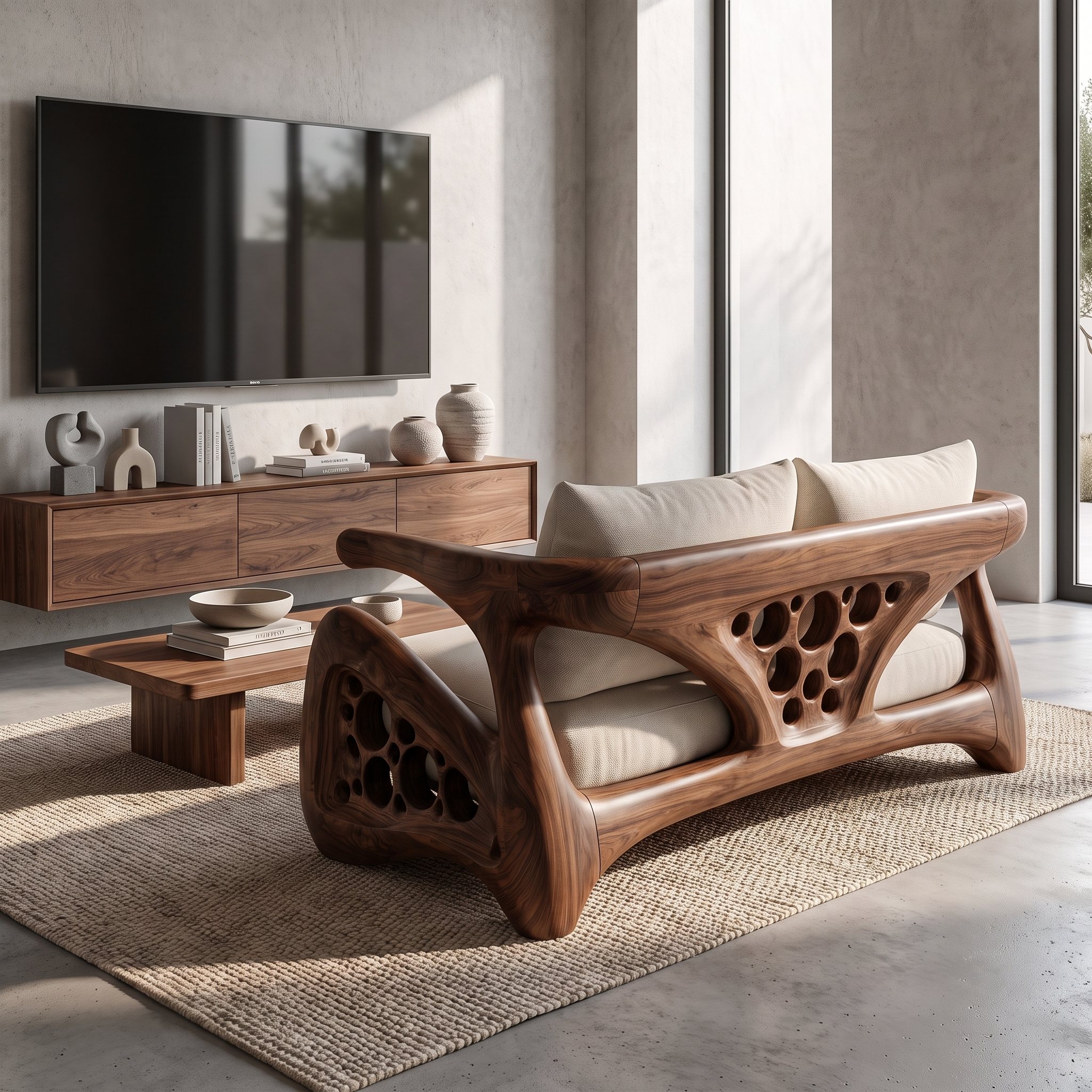 Natural Sofa Frame With Bold Sculptural Armrests For Living Room