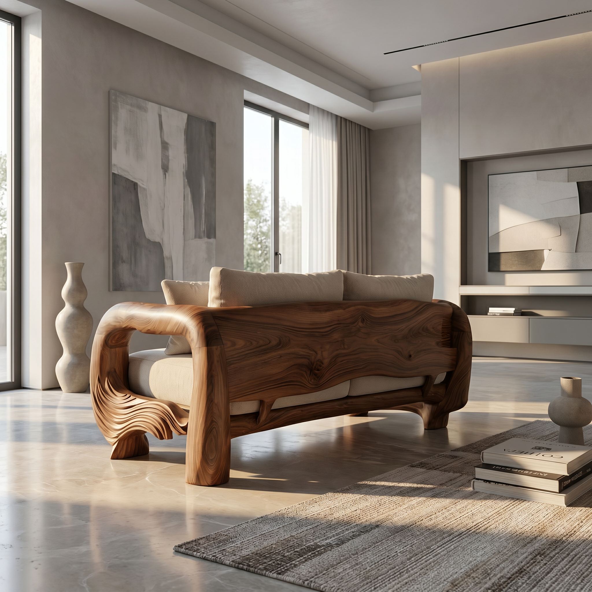 Contemporary Lounge Sofa Frame With Sculptural Wooden Base For Living Room