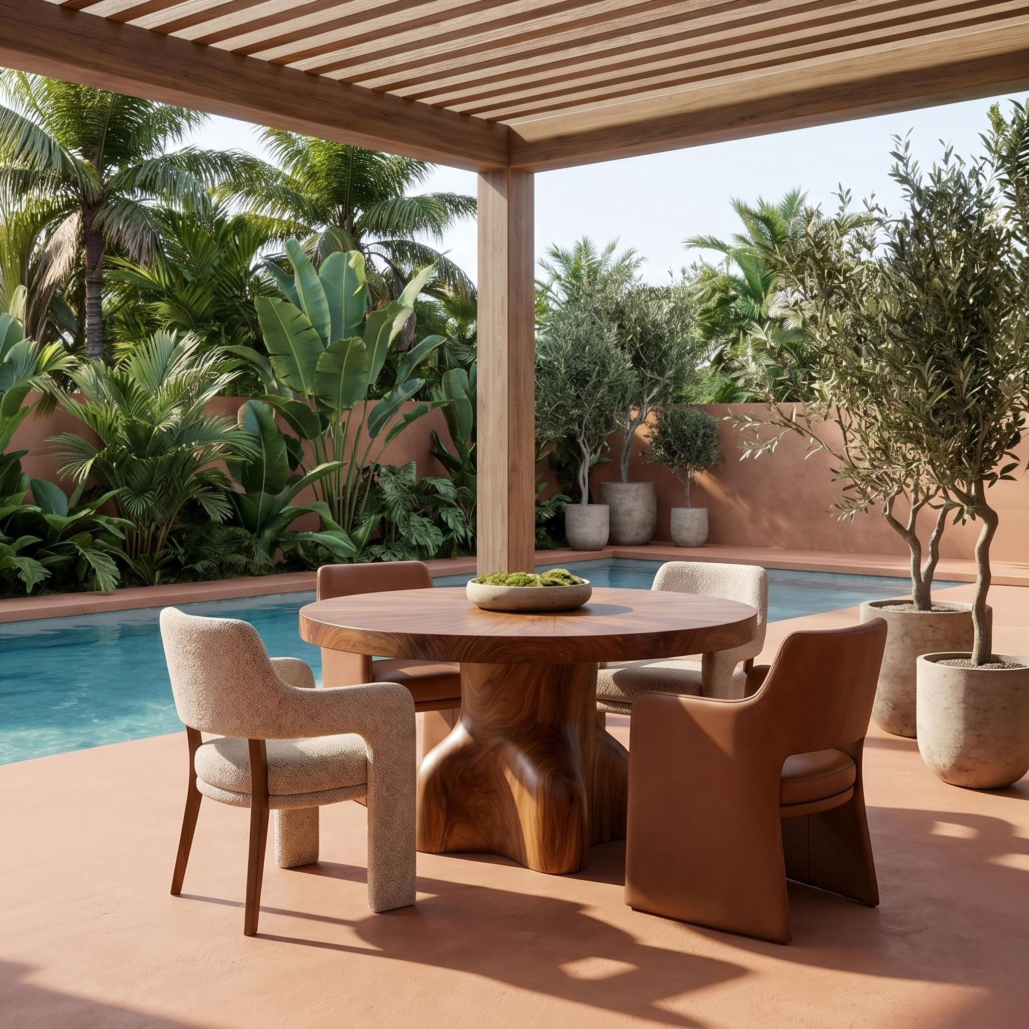 Contemporary Round Dining Table With Sculptural Solid Wood Pedestal For Dining Room