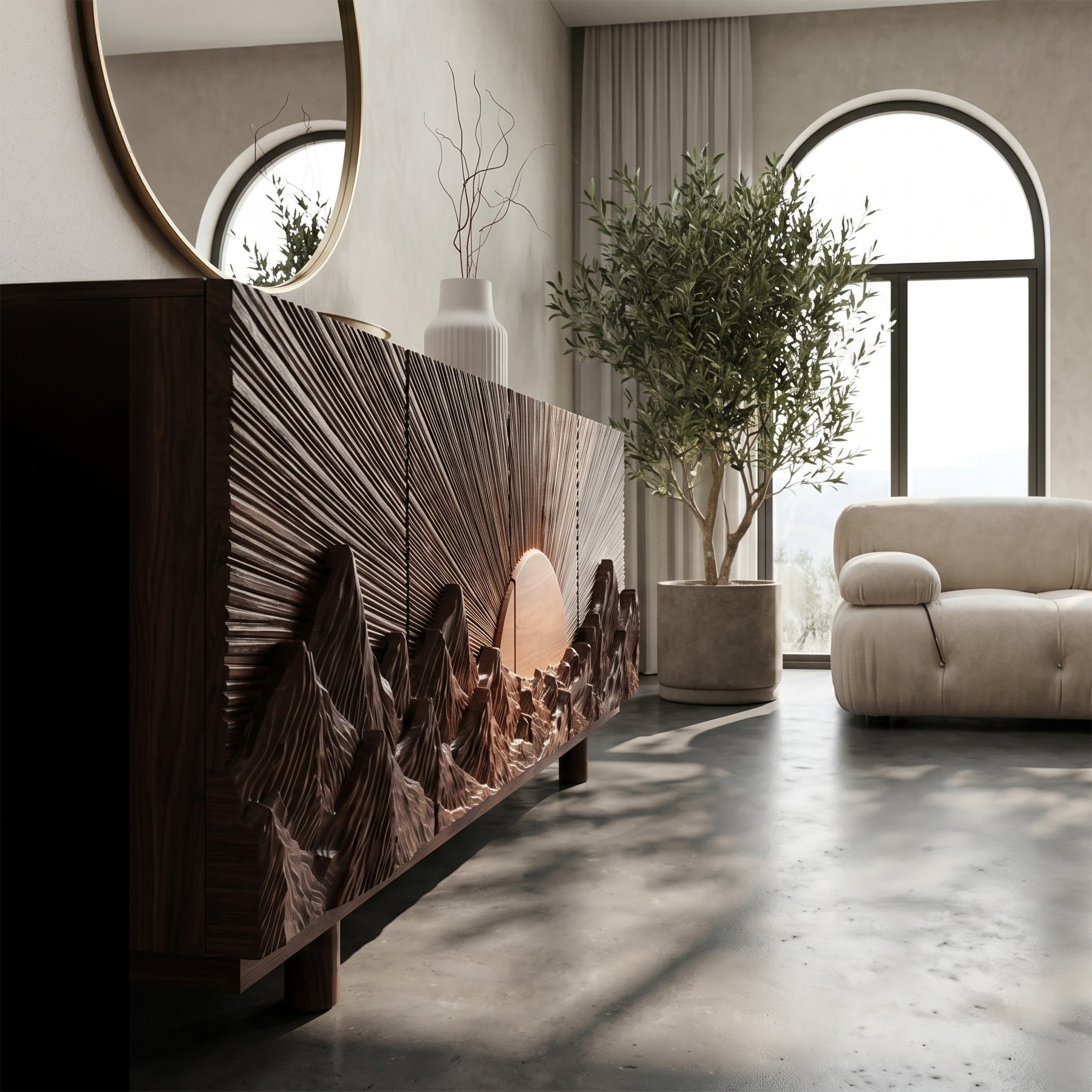Rustic Mountain Sunrise Sideboard With Carved Wood Doors For Living Room