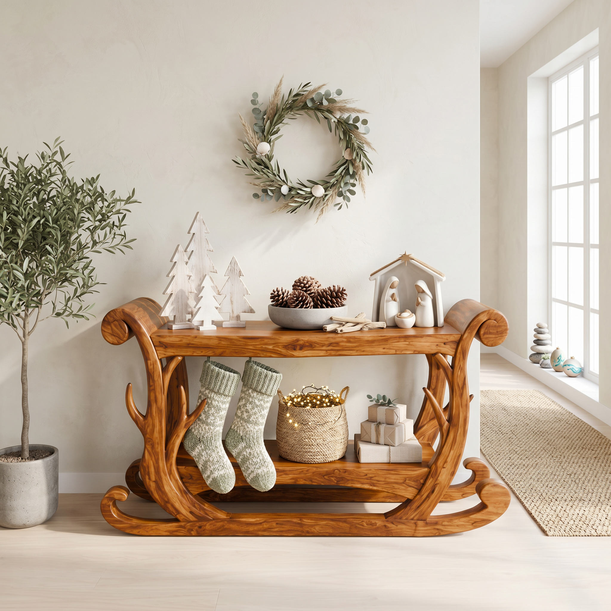 Sculptural Console Table Handcrafted Curved Wood Design For Entryway Hallway
