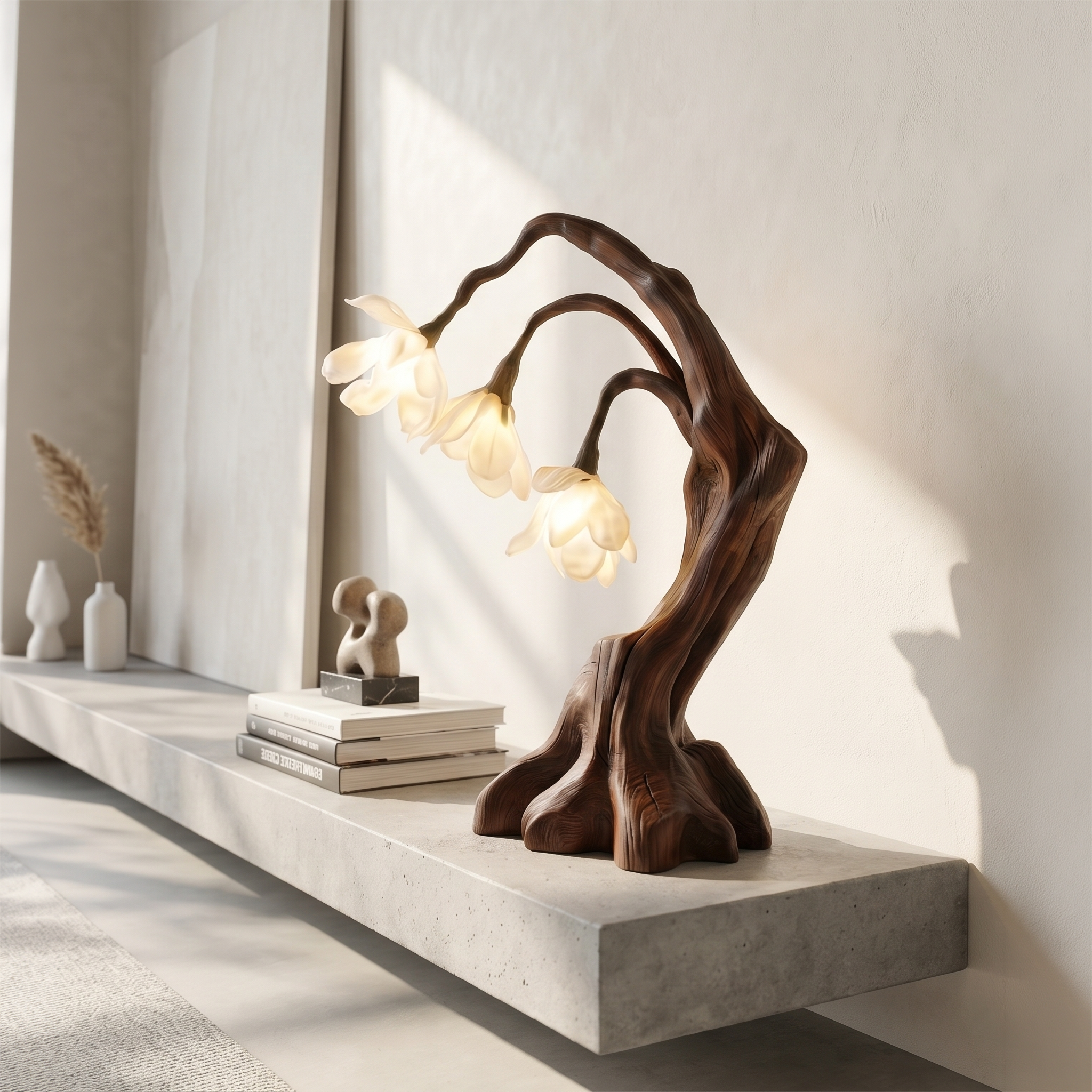 Modern Floral Table Lamp With Sculptural Driftwood Base For Bedroom And Living Room