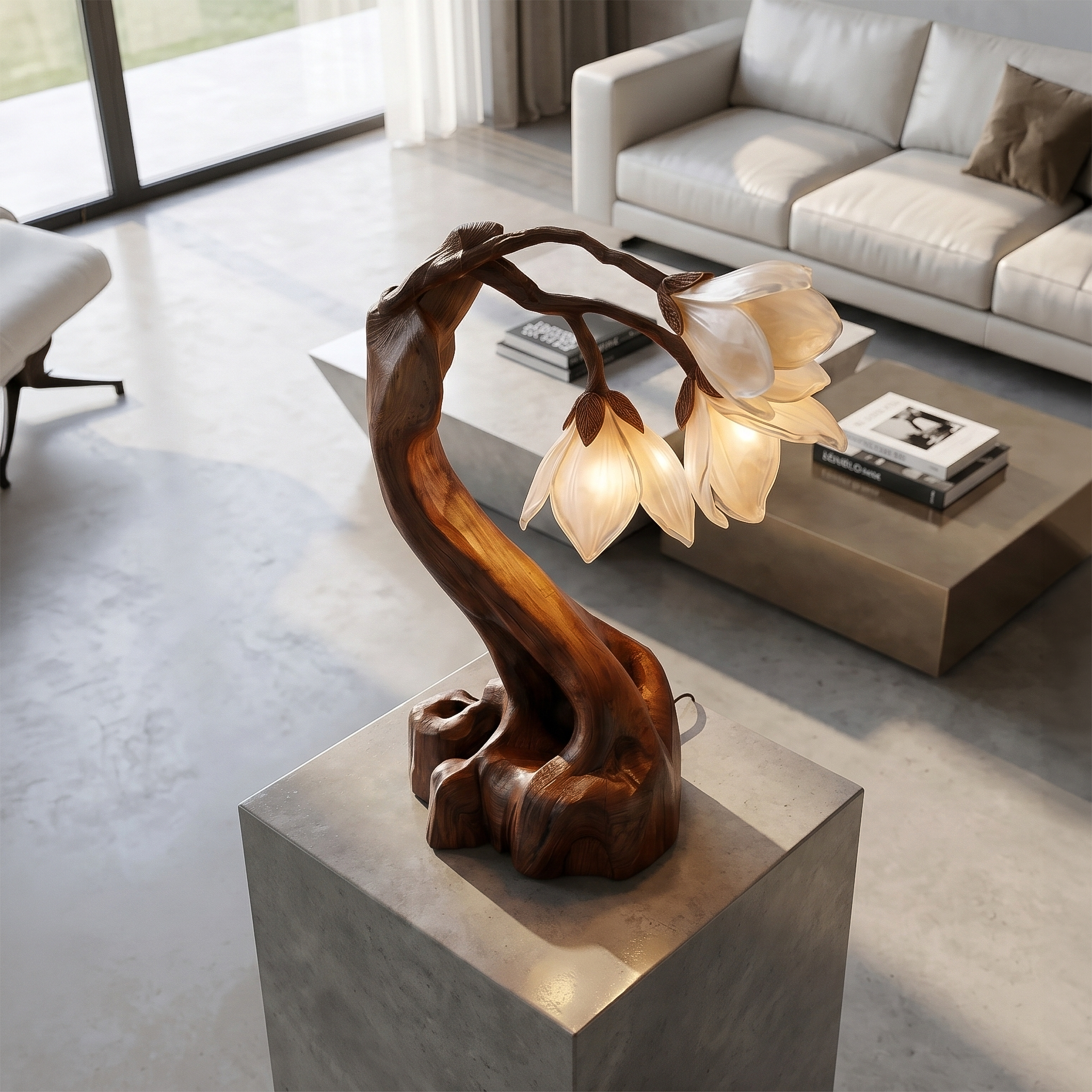 Organic Floral Table Lamp With Sculptural Wood Base For Bedroom And Living Room