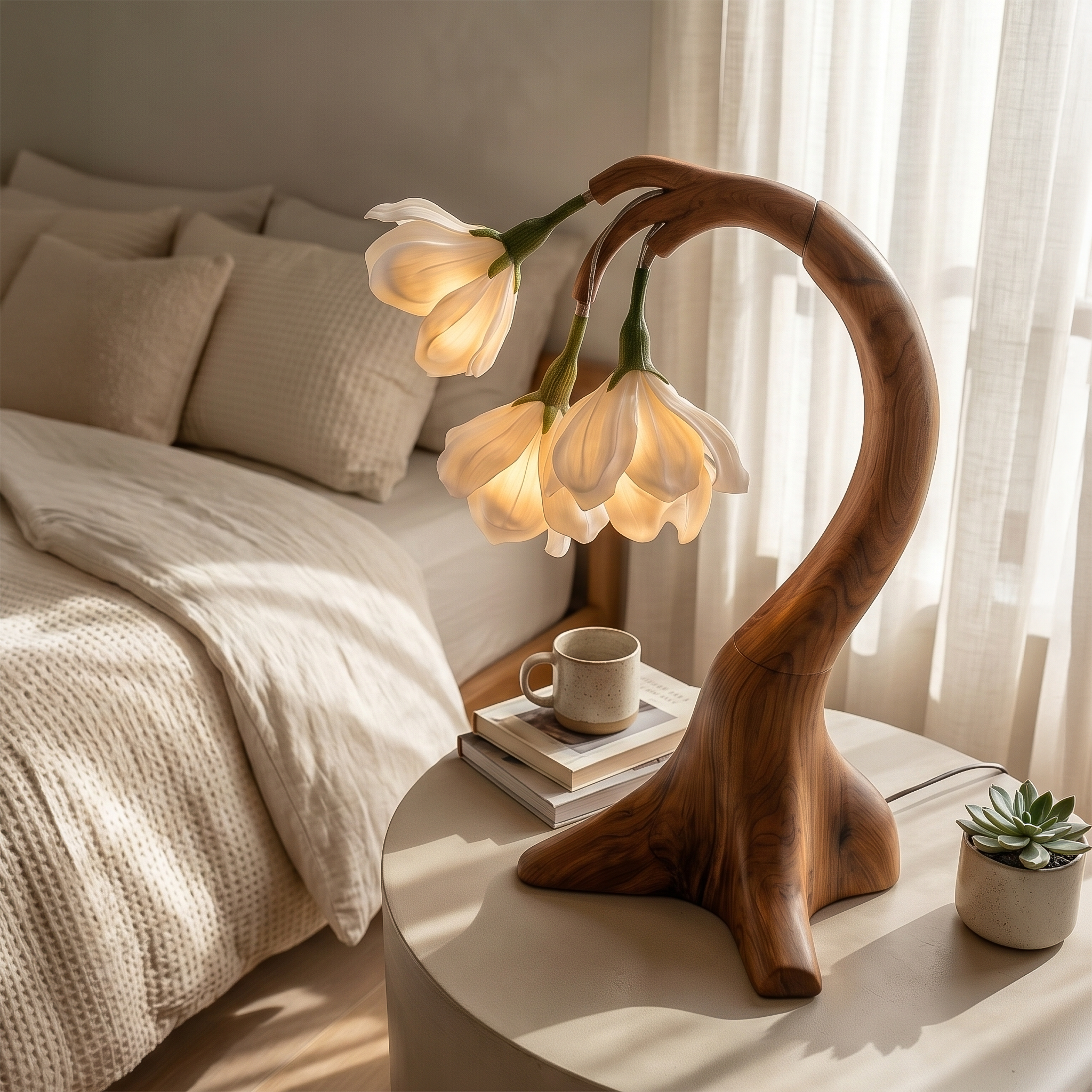 Modern Floral Table Lamp With Sculptural Curved Wood Base For Bedroom And Living Room