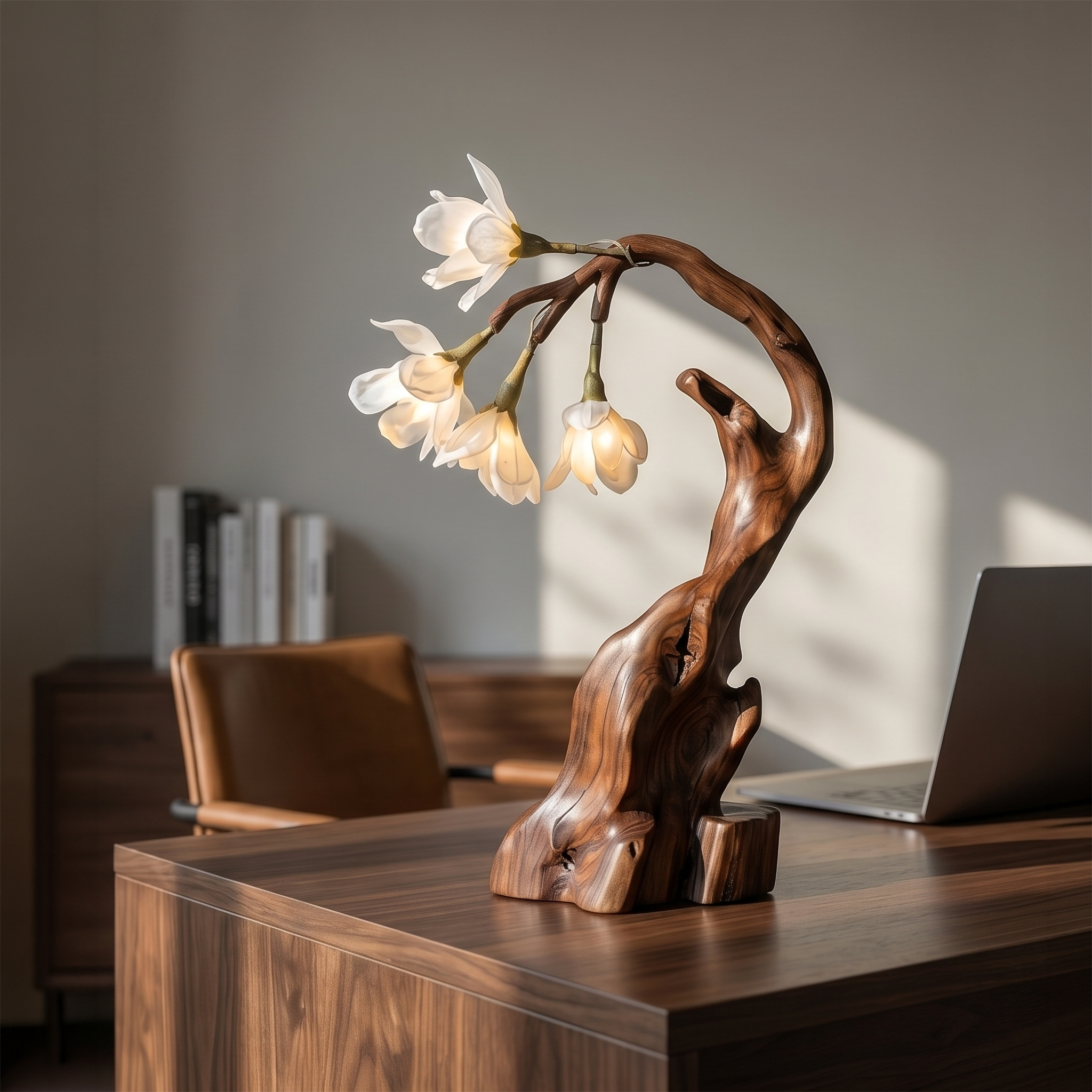 Contemporary Floral Table Lamp With Twisted Solid Wood Base For Bedroom And Living Room