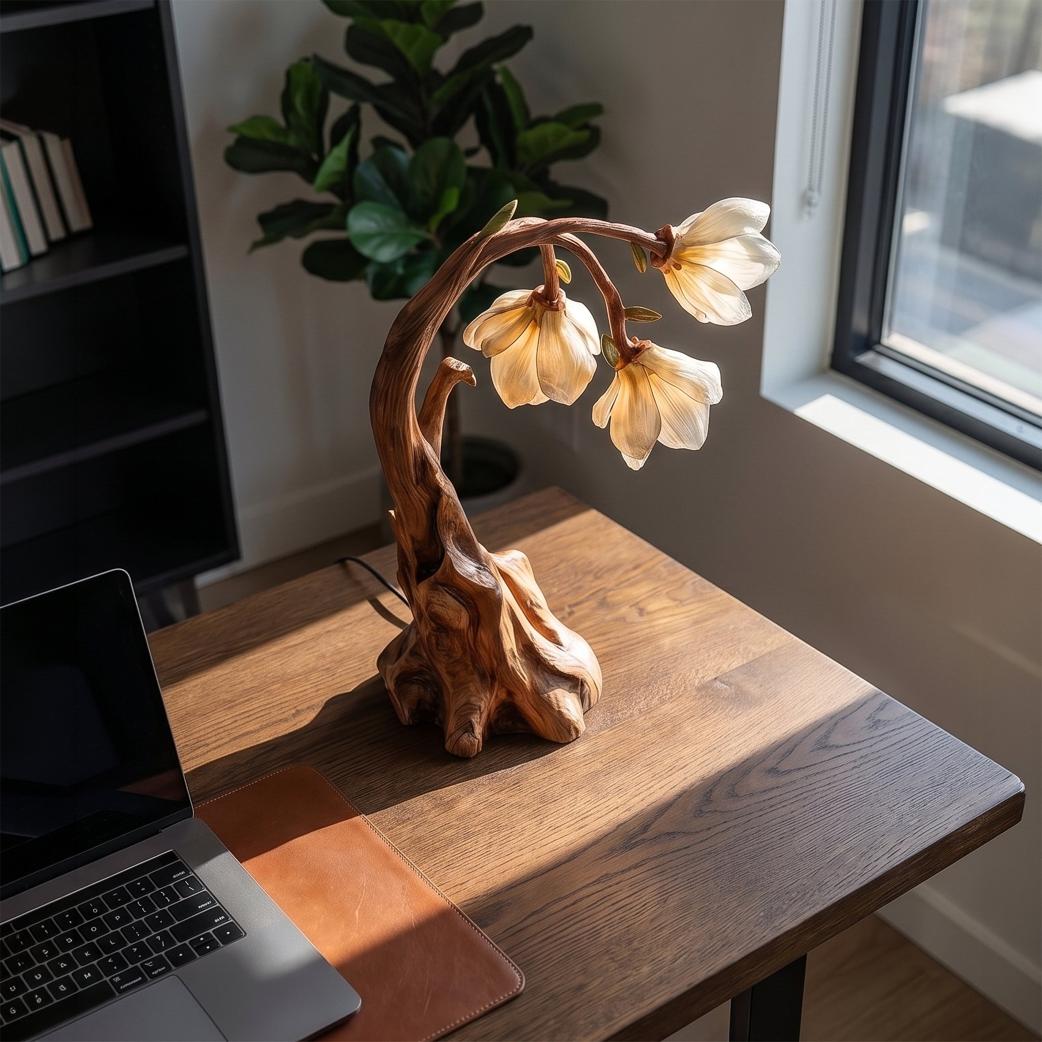 Contemporary Floral Table Lamp With Sculptural Solid Wood Base For Bedroom And Living Room