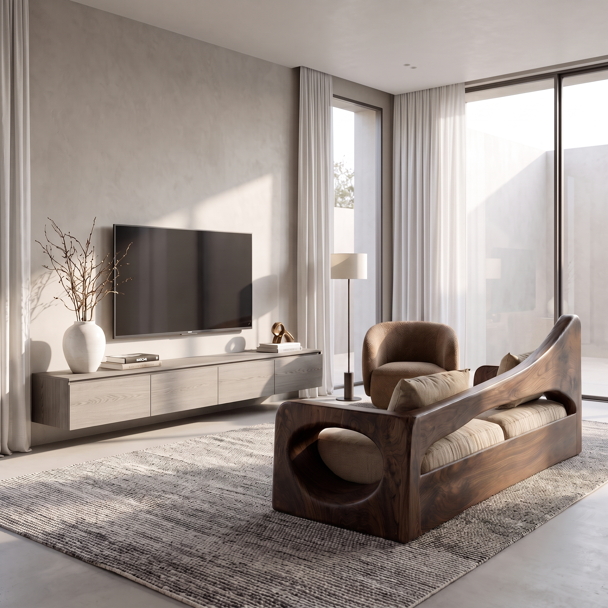 Modern Organic Sofa With Sculptural Perforated Wood Frame