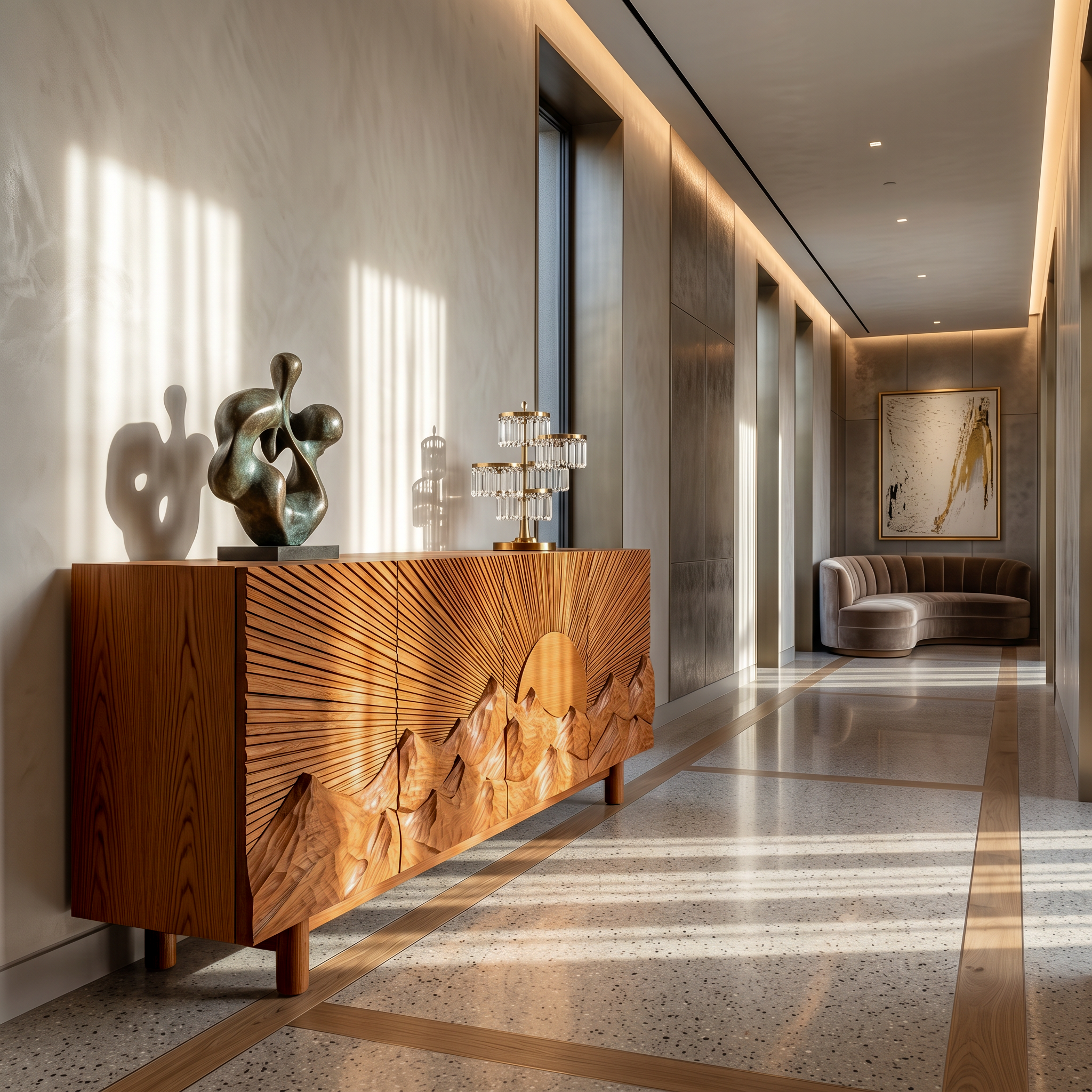 Contemporary Landscape Sideboard With Sculptural Carved Wood Doors For Living Room