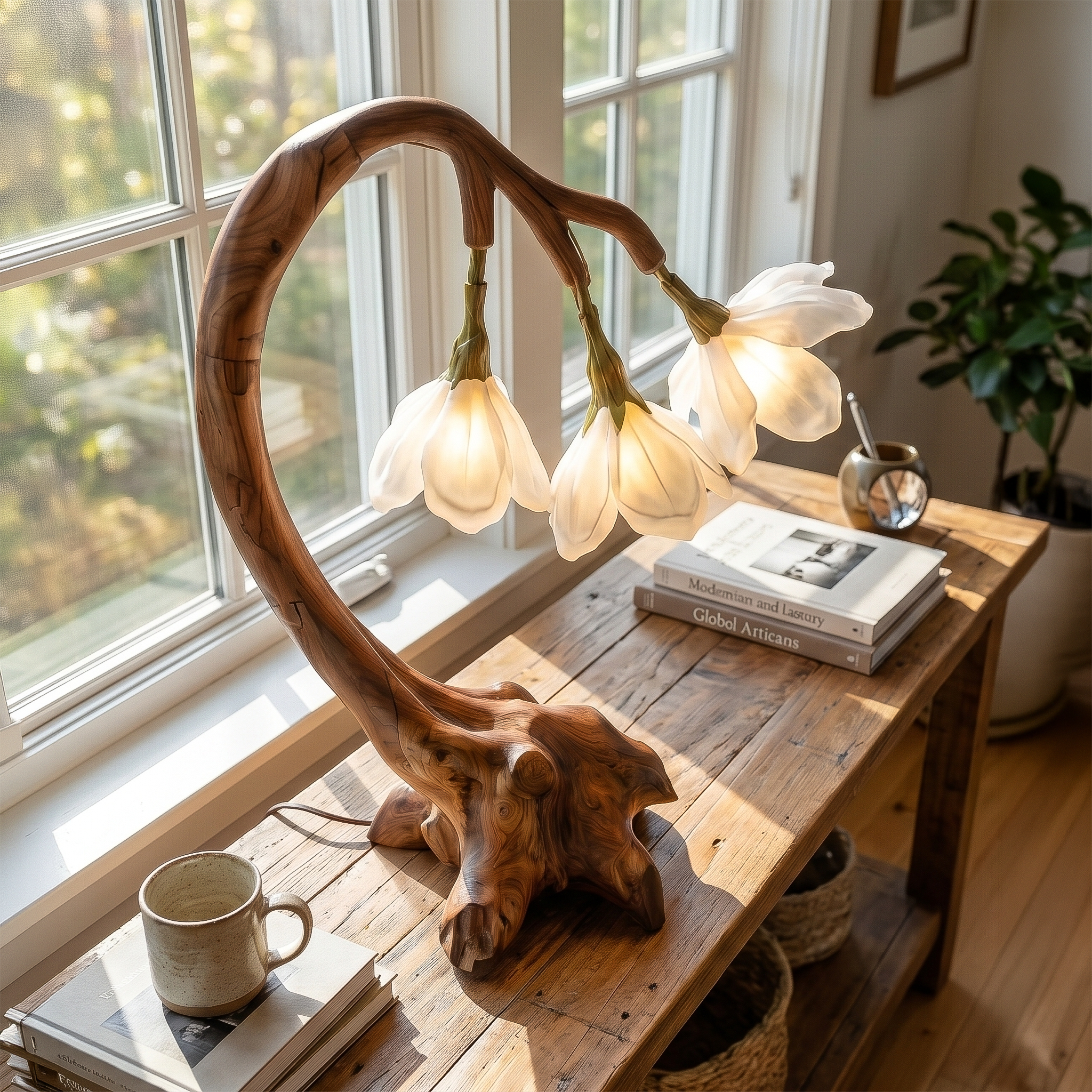 Organic Flower Table Lamp With Sculptural Wood Base For Bedroom And Living Room