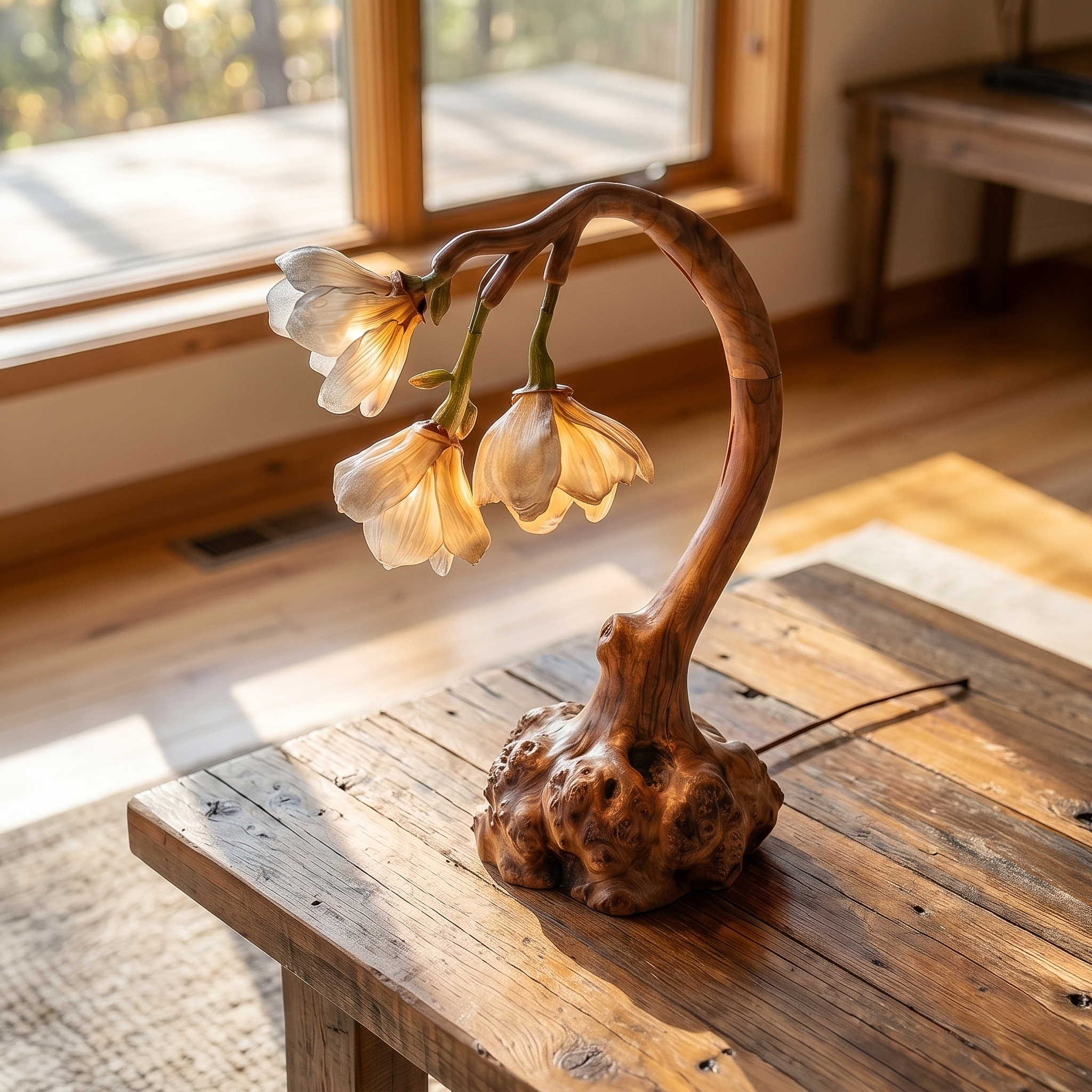 Minimalist Floral Table Lamp With Organic Wood Base For Bedroom And Living Room