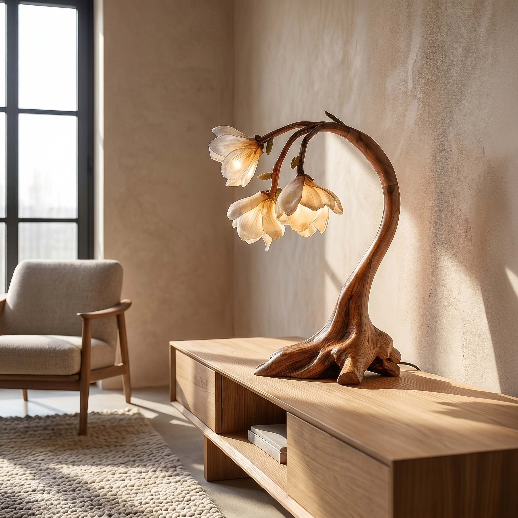 Rustic Floral Table Lamp With Sculptural Driftwood Base For Bedroom And Living Room
