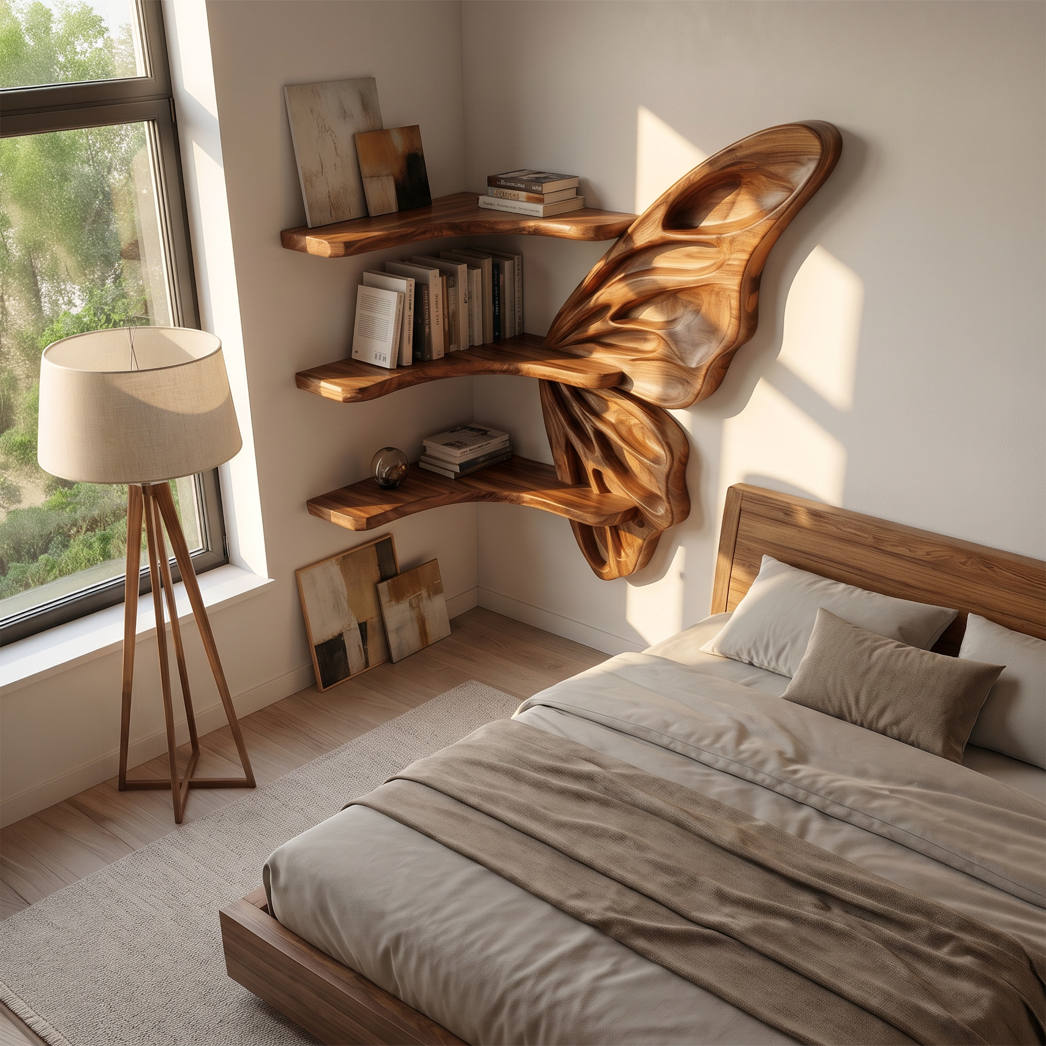 Organic Butterfly Wall Shelf With Floating Display Shelves For Living Room