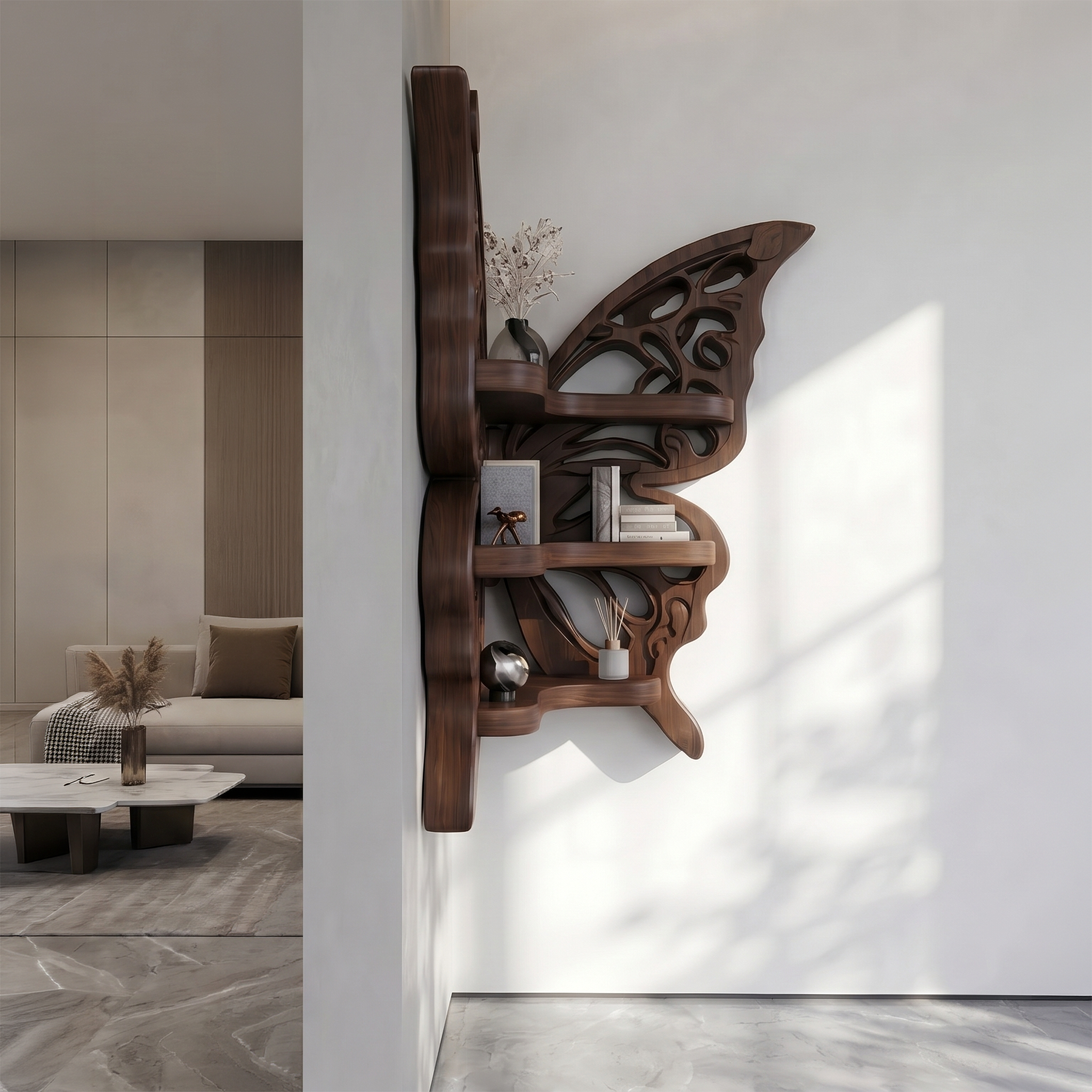 Sculptural Butterfly Floating Shelf With Handcrafted Solid Wood Design For Living Room