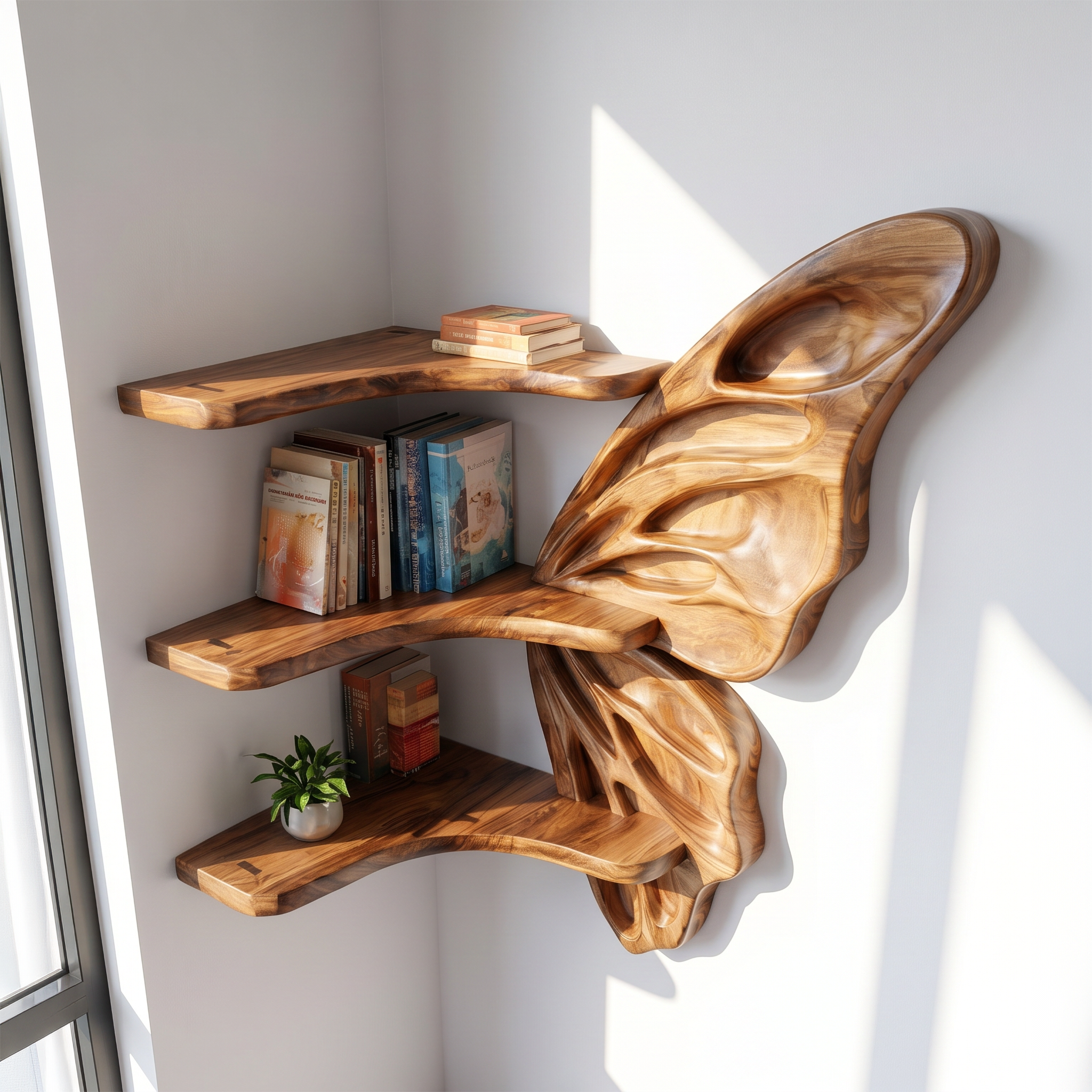 Rustic Butterfly Floating Shelf With Natural Live Edge Wood Design For Living Room
